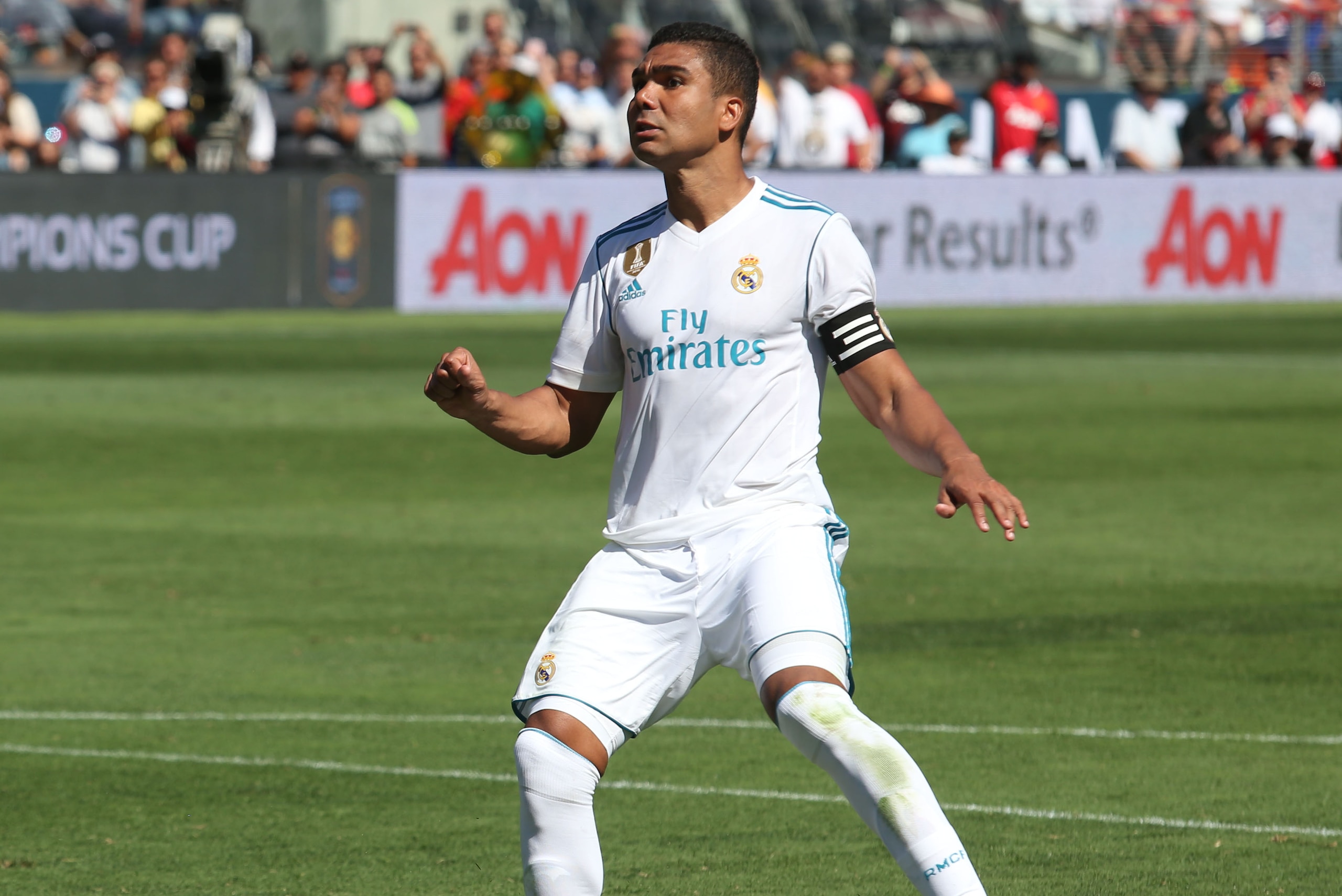 Real Madrid midfielder Carolos Henrique Casemiro reacts after missing a penalty kick shootout against Manchester United in the International Champions Cup match on July 23, 2017 in Santa Clara, California. / AFP PHOTO / Beck Diefenbach        (Photo credi