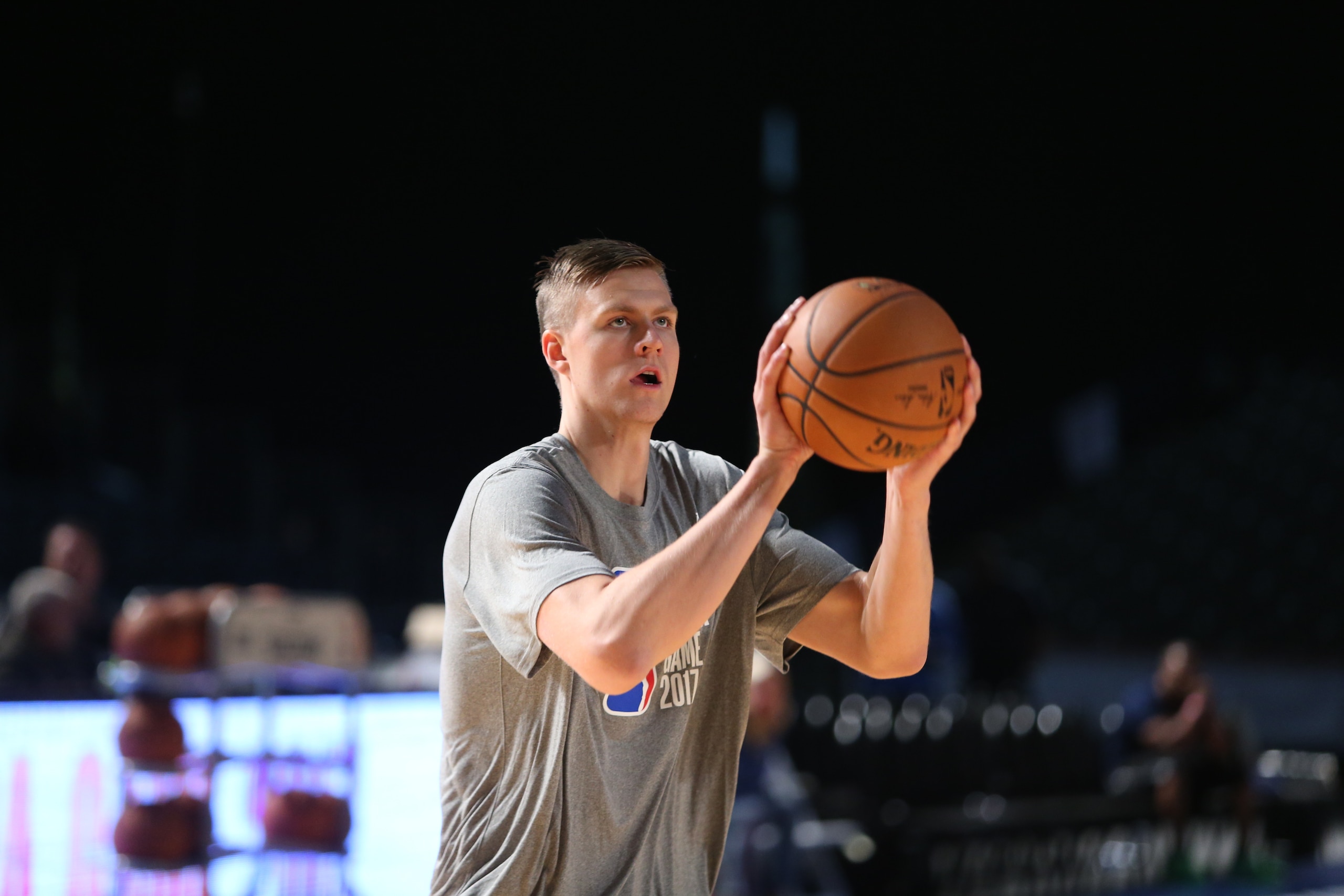 JOHANNESBURG, SOUTH AFRICA - AUGUST 4: Kristaps Porzingis of Team World practices for the 2017 Africa Game as part of the Basketball Without Borders Africa at the Ticketpro Dome on August 4, 2017 in Gauteng province of Johannesburg, South Africa.  NOTE TO
