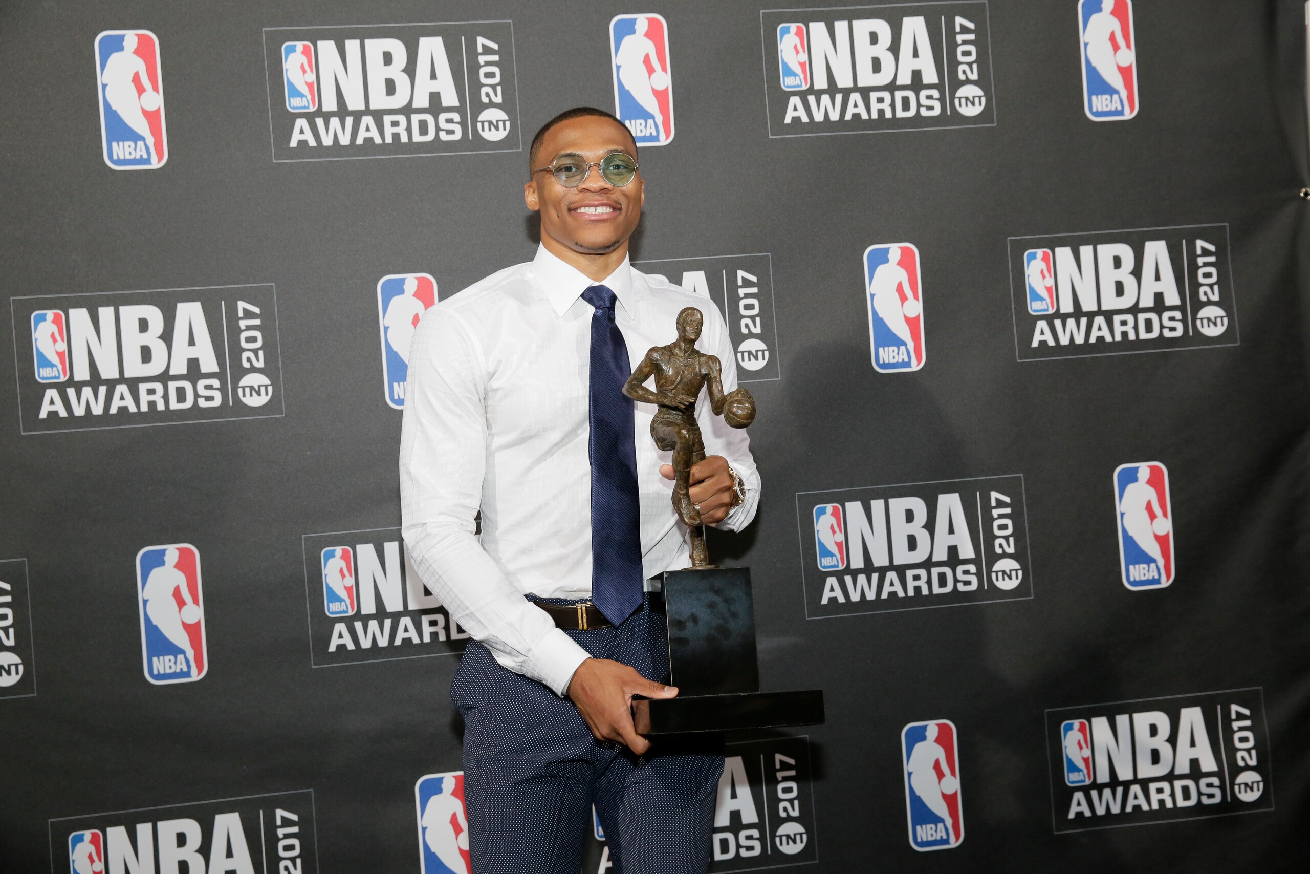 NEW YORK - JUNE 26: Russell Westbrook of the Oklahoma City Thunder after winning the Most Valuable Player of the Year award at the 2017 NBA Awards Show on June 26, 2017 at Basketball City in New York City. NOTE TO USER: User expressly acknowledges and agr