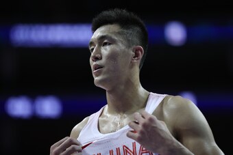 DONGGUAN, CHINA - JULY 09:  Guo Ailun of China looks on during the 2017 Sino-Australia Men's International Basketball Challenge at Dongfeng-Nissan Culture & Sports Center on July 9, 2017 in Dongguan, China.  (Photo by Zhong Zhi/Getty Images)