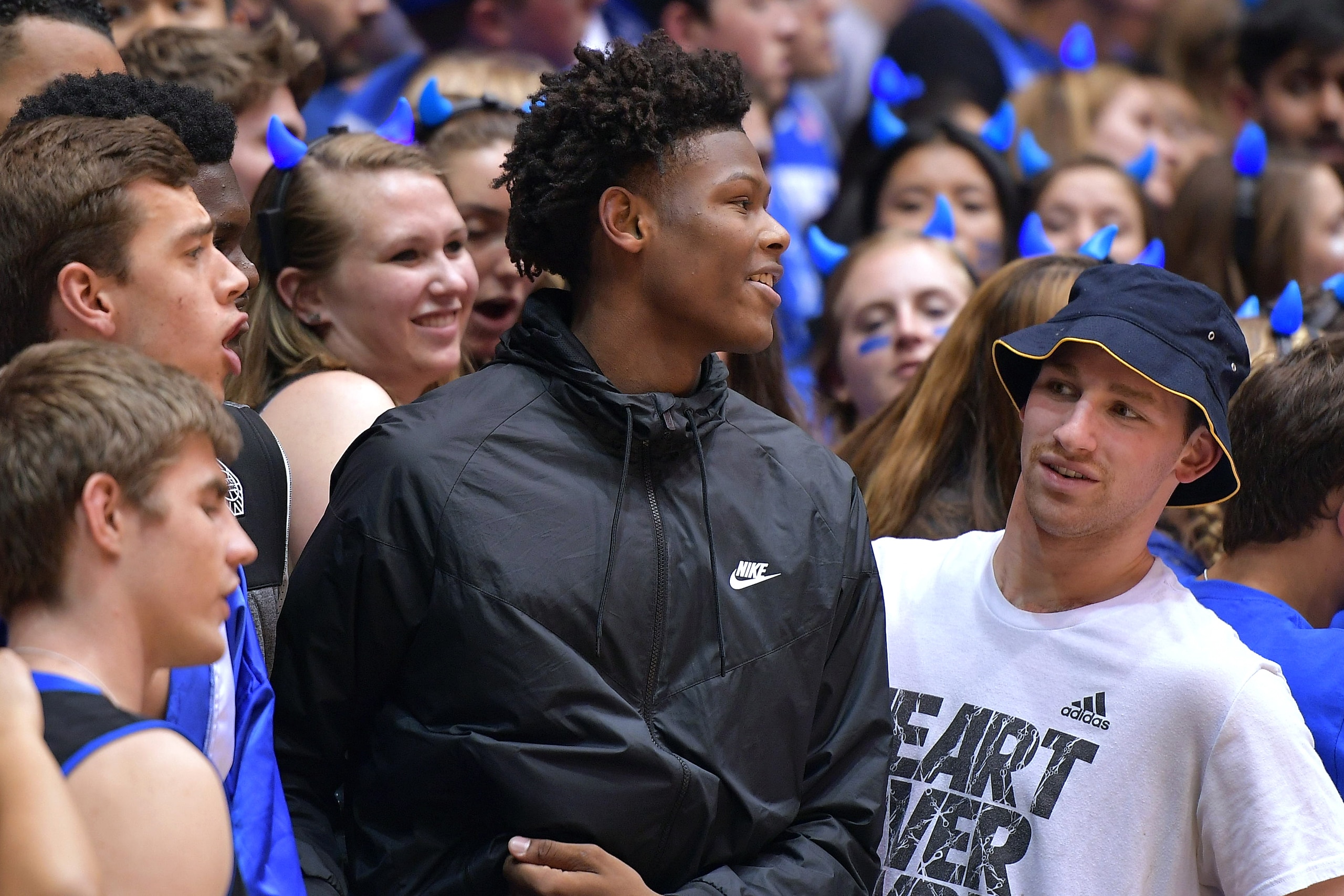 DURHAM, NC - OCTOBER 22: High school basketball player Cameron Reddish, center, (Westtown School - Norristown, PA) attends Countdown To Craziness at Cameron Indoor Stadium on October 22, 2016 in Durham, North Carolina. (Photo by Lance King/Getty Images)