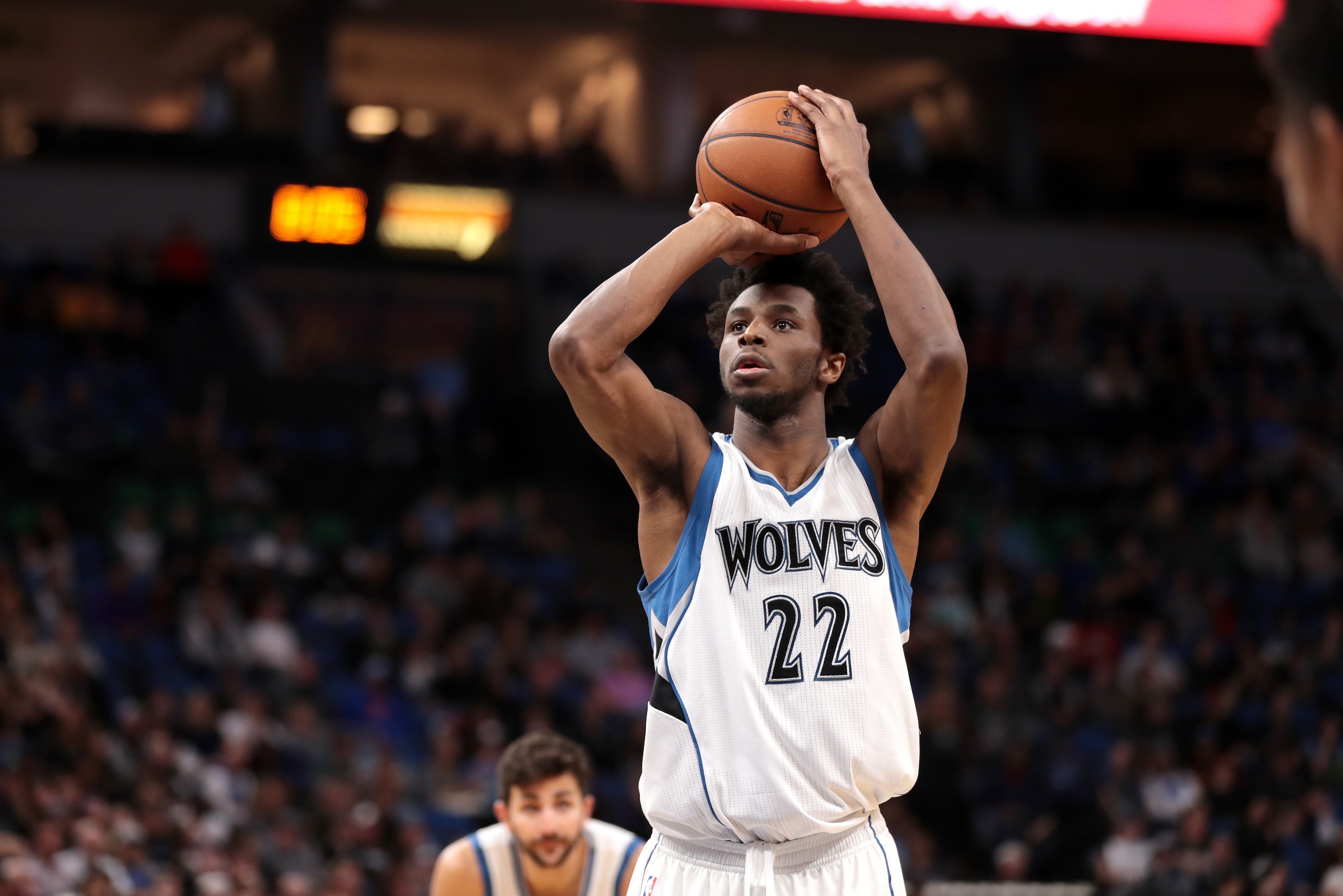 MINNEAPOLIS, MN - NOVEMBER 13: Andrew Wiggins #22 of the Minnesota Timberwolves shoots a free throw during the game against the Los Angeles Lakers on November 13, 2016 at Target Center in Minneapolis, Minnesota. NOTE TO USER: User expressly acknowledges a