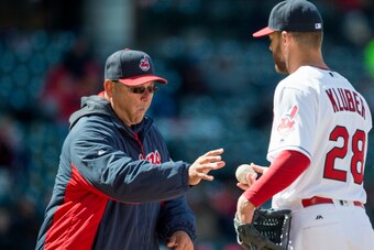 CLEVELAND, OH - APRIL 5:  Manager Terry Francona #17 of the Cleveland Indians takes the ball from Corey Kluber #28  against the Boston Red Sox in the fifth inning on April  5, 2016 at Progressive Field in Cleveland, Ohio. (Photo by Michael Ivins/Boston Re