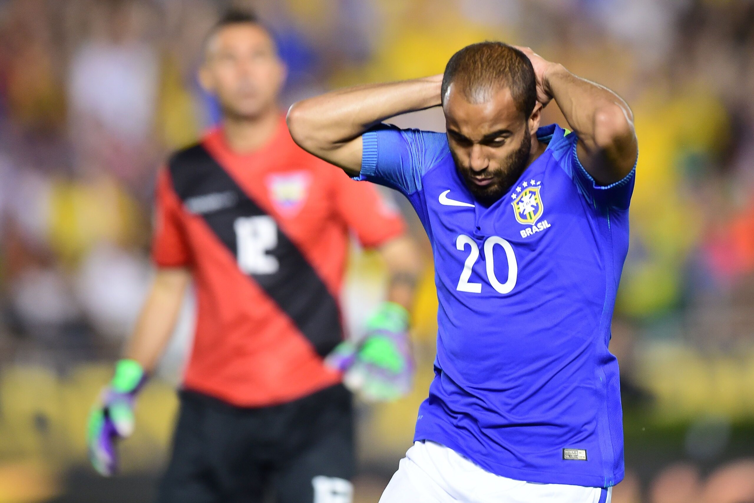 Brazil's Lucas Moura reacts during the Copa America Centenario football match against Ecuador in Pasadena, California, United States, on June 4, 2016.  / AFP PHOTO / Frederic J. Brown / The erroneous mention appearing in the metadata of this photo by Fred