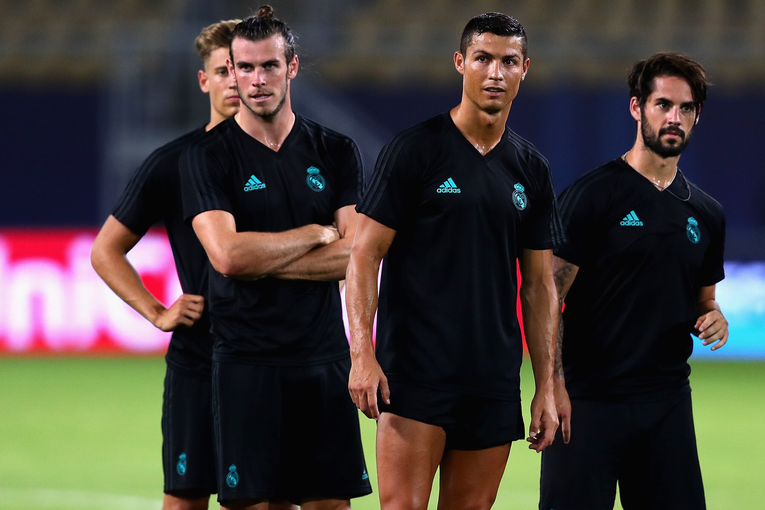 SKOPJE, MACEDONIA - AUGUST 07: Cristiano Ronaldo (centre), Gareth Bale (left) and Isco look on during a Real Madrid training session ahead of the UEFA Super Cup at the National Arena Filip II Macedonian on August 7, 2017 in Skopje, Macedonia.  (Photo by C