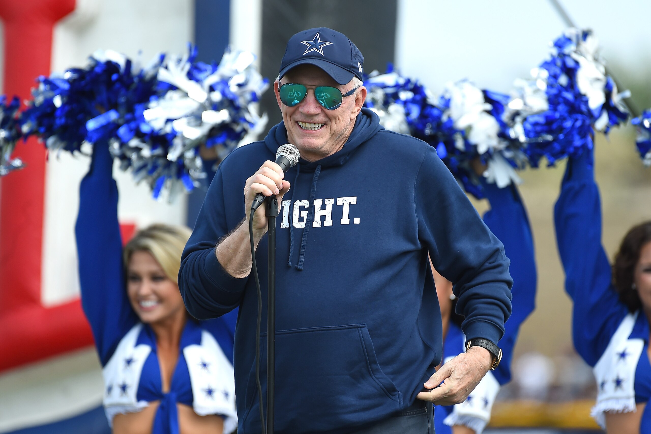 OXNARD, CA - JULY 24:  Jerry Jones, owner of the Dallas Cowboys talks to fans during opened day of training camp on July 24, 2017 in Oxnard, California.  (Photo by Jayne Kamin-Oncea/Getty Images)