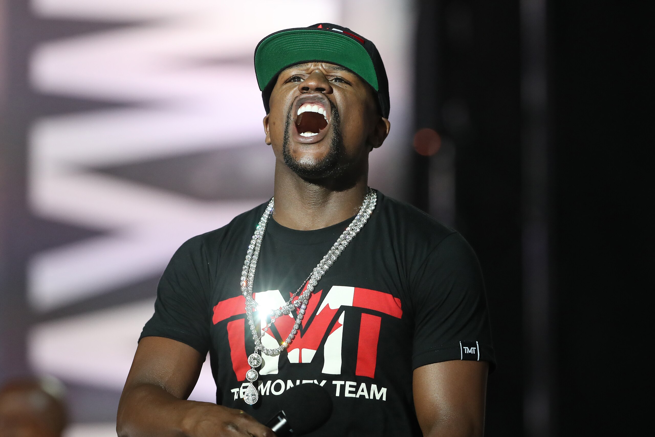 Jul 12, 2017; Toronto, Ontario, Canada; Floyd Mayweather speaks during a world tour press conference to promote the upcoming Mayweather vs McGregor boxing fight at Budweiser Stage. Mandatory Credit: Tom Szczerbowski-USA TODAY Sports