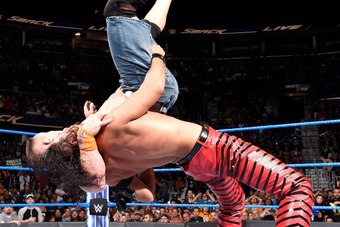 Shinsuke Nakamura hits an inverted exploder suplex on John Cena that went awry.