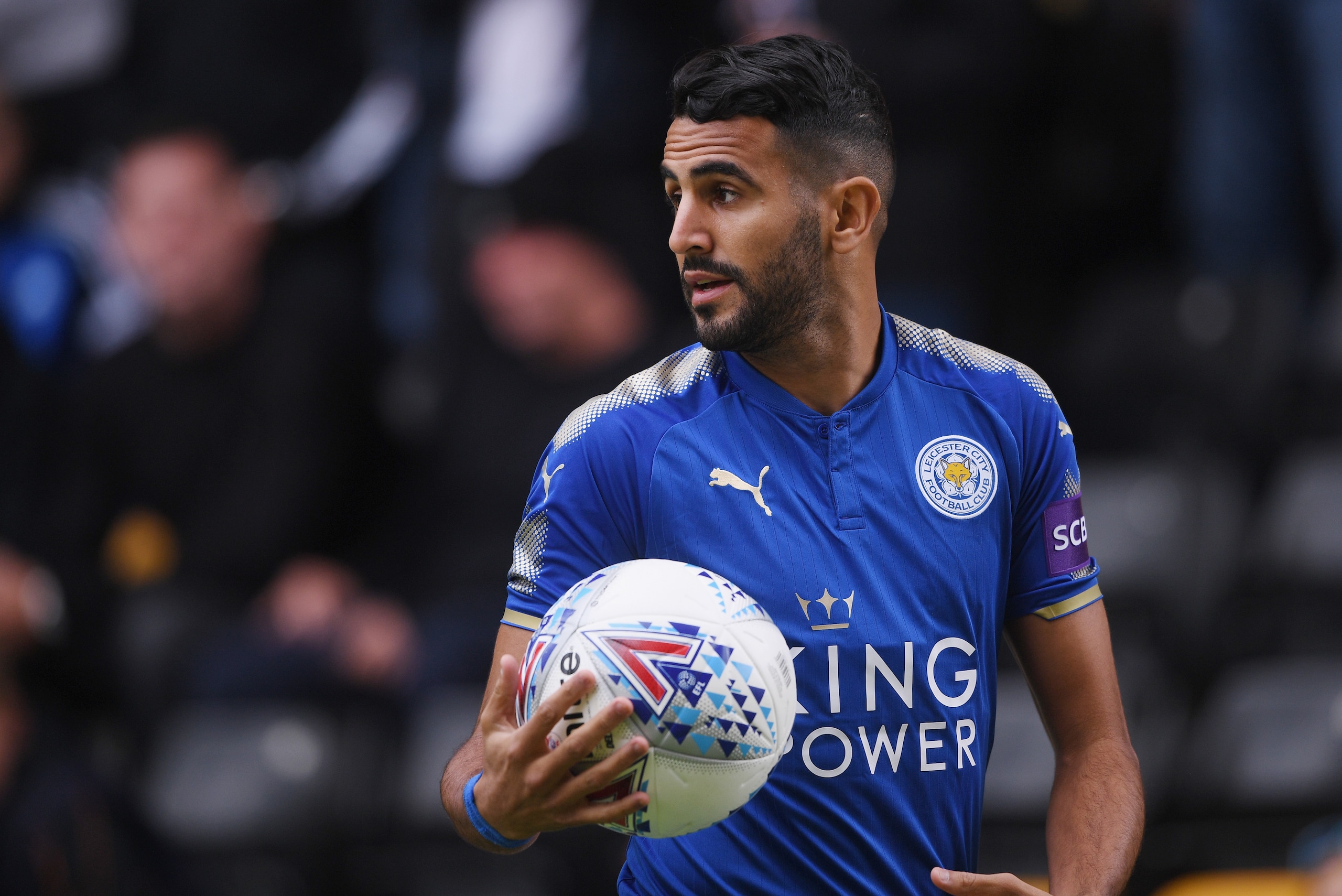 WOLVERHAMPTON, ENGLAND - JULY 29: Riyad Mahrez of Leicester looks on during the pre-season friendly match between Wolverhampton Wanderers and Leicester City at Molineux on July 29, 2017 in Wolverhampton, England. (Photo by Michael Regan/Getty Images) WOLVERHAMPTON, ENGLAND - JULY 29: Riyad Mahrez of Leicester looks on during the pre-season friendly match between Wolverhampton Wanderers and Leicester City at Molineux on July 29, 2017 in Wolverhampton, England. (Photo by Michael Regan/Getty Images)