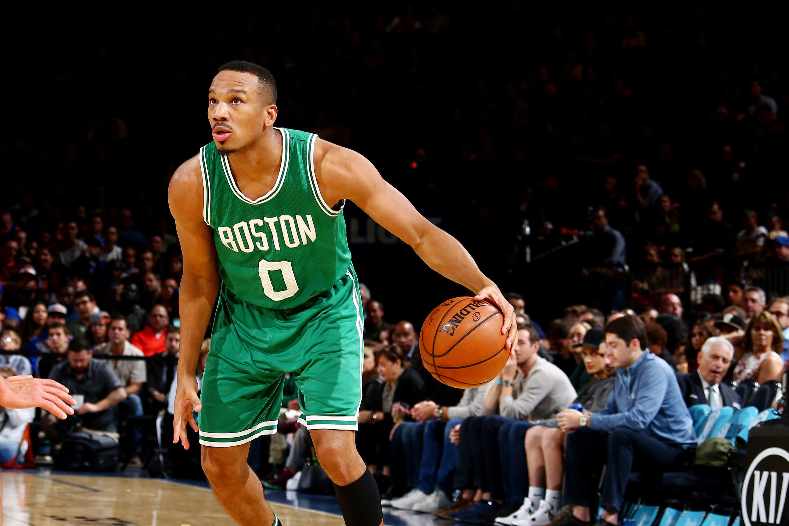 NEW YORK, NY - OCTOBER 15: Avery Bradley #0 of the Boston Celtics handles the ball against the New York Knicks on October 15, 2016 at Madison Square Garden in New York City, New York.  NOTE TO USER: User expressly acknowledges and agrees that, by download
