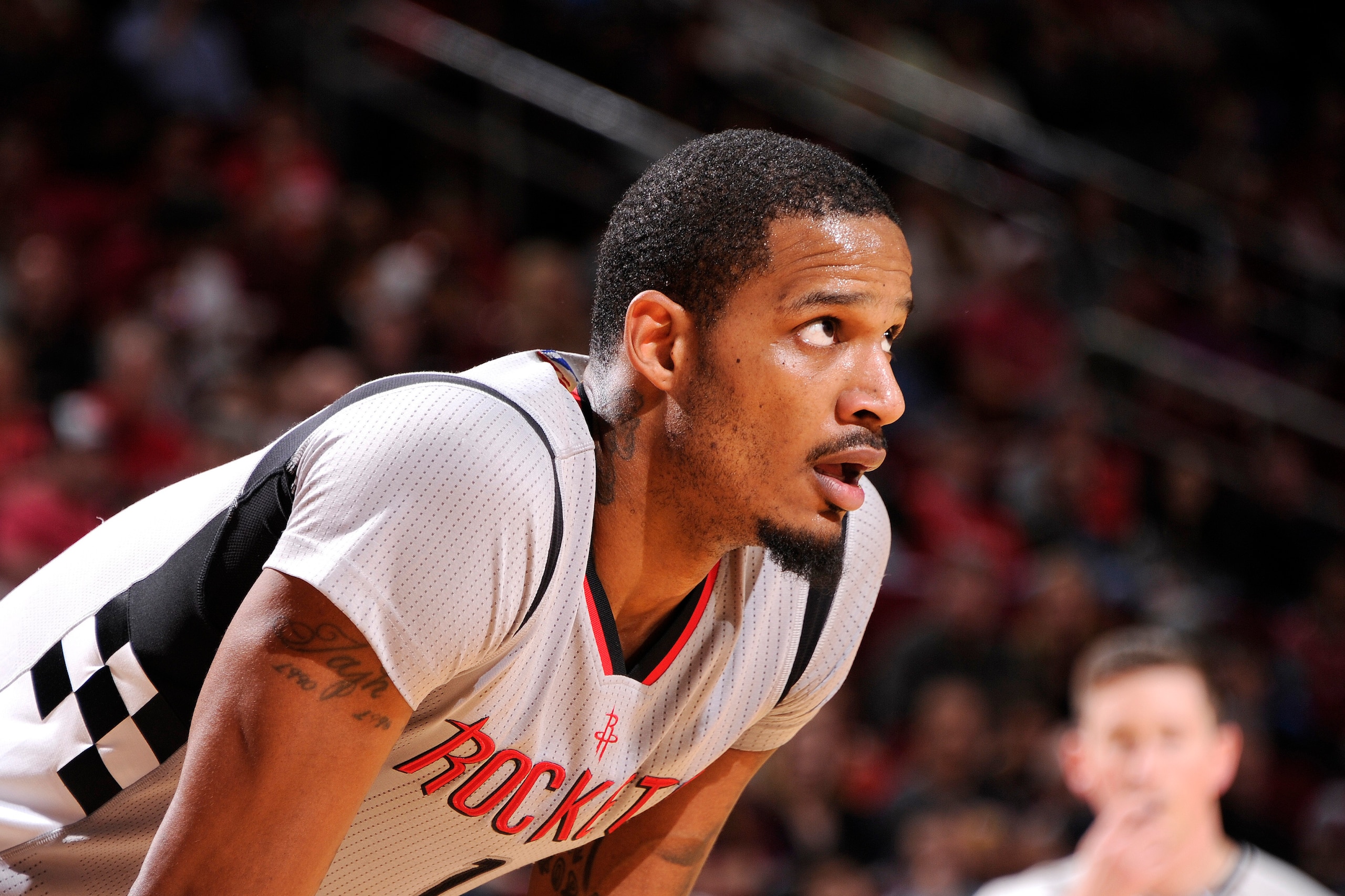 HOUSTON, TX - JANUARY 24: Trevor Ariza #1 of the Houston Rockets looks on during the game against the Dallas Mavericks on January 24, 2016 at the Toyota Center in Houston, Texas. NOTE TO USER: User expressly acknowledges and agrees that, by downloading an