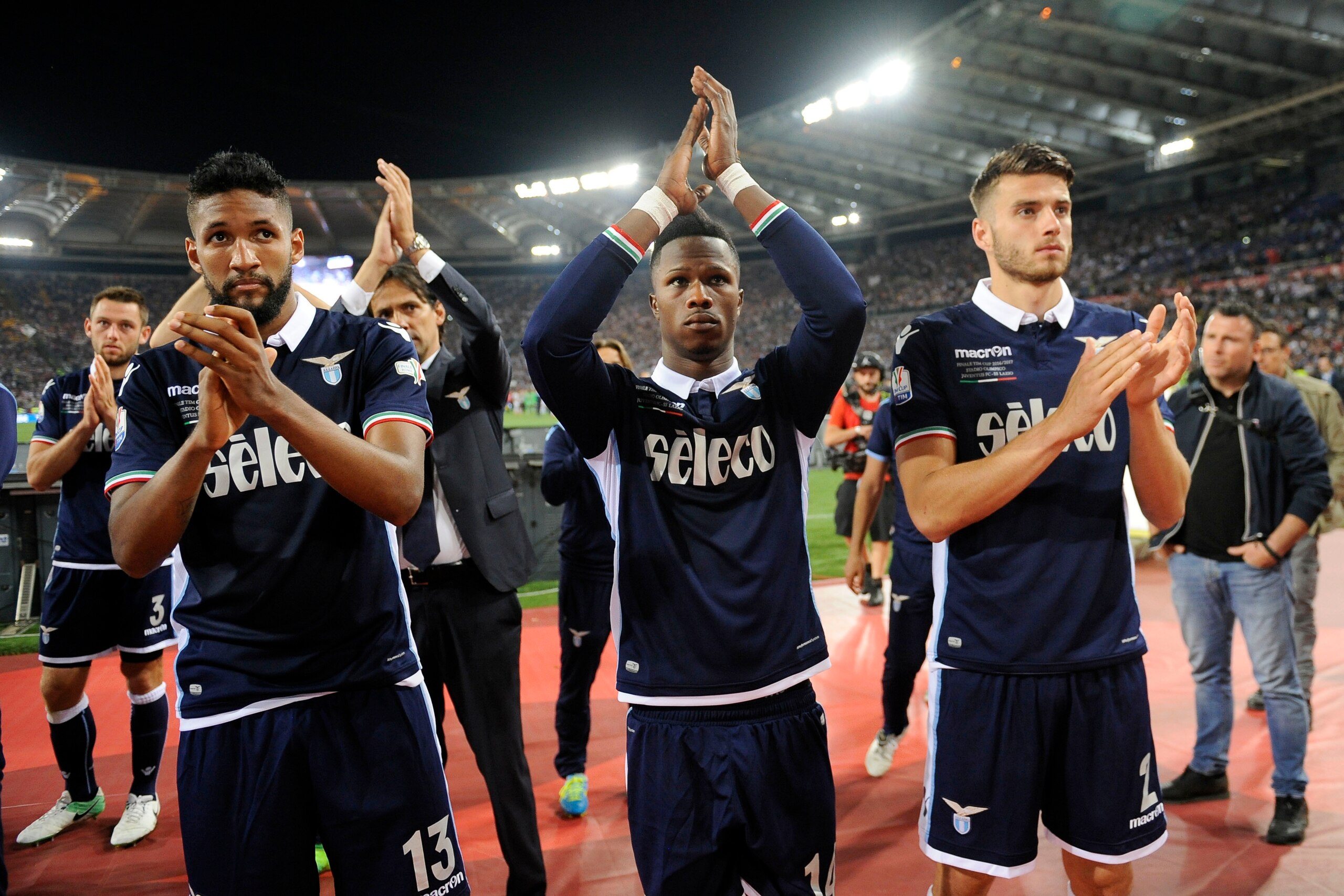 ROME, ROMA - MAY 17: Fortuna Wallace, Balde Diao Keita, and Wesley Hoedt of SS Lazio reacts at the end of the match after the TIM Cup Final match between SS Lazio and Juventus FC at Olimpico Stadium on May 17, 2017 in Rome, Italy.  (Photo by Marco Rosi/Ge