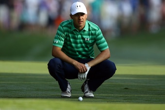 Aug 10, 2017; Charlotte, NC, USA; Jordan Spieth looks at his shot on the 10th hole during the first round of the 2017 PGA Championship at Quail Hollow Club. Mandatory Credit: Rob Schumacher-USA TODAY Sports
