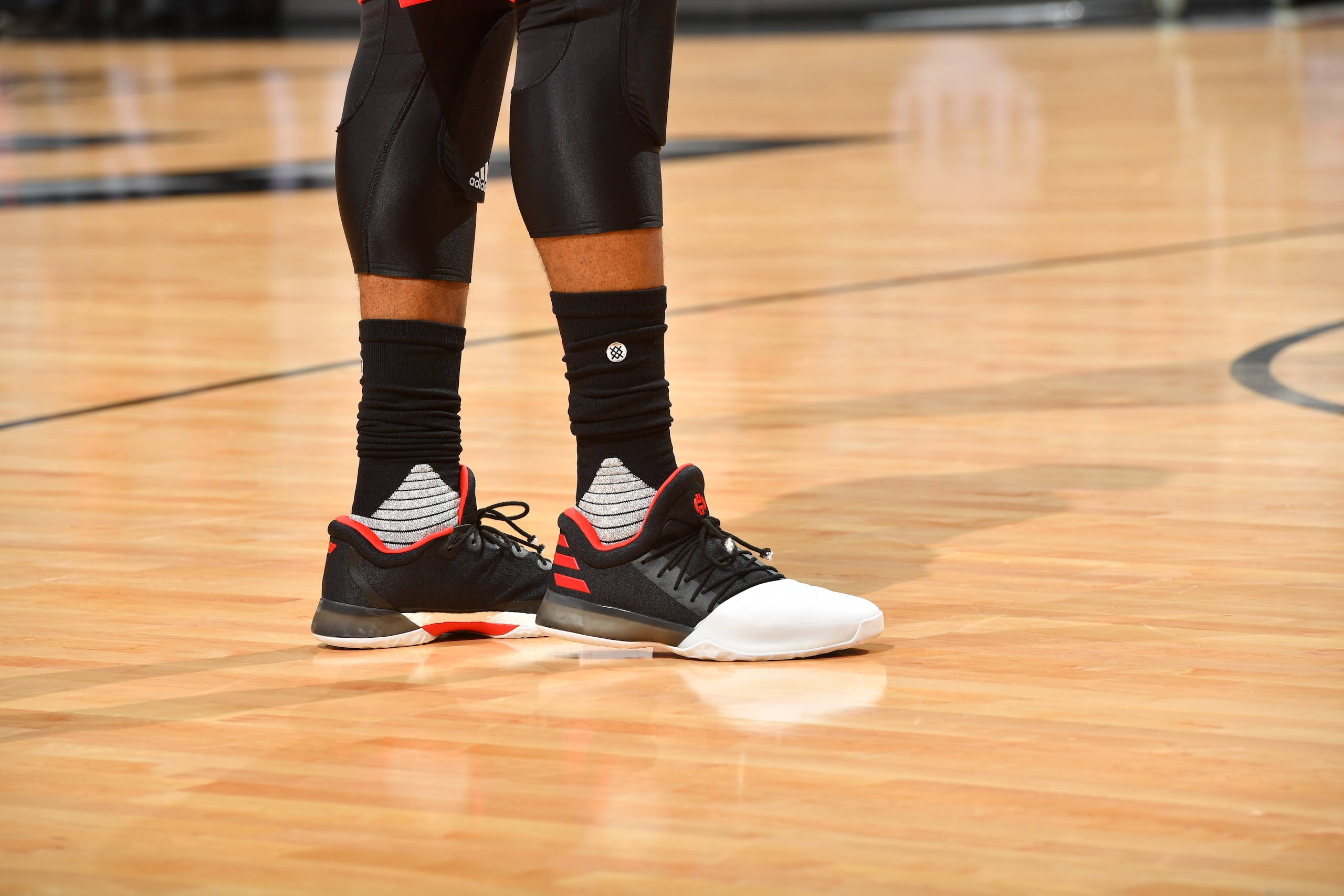 SAN ANTONIO, TX - MAY 3:The sneakers of James Harden #13 of the Houston Rockets are seen before the game against the San Antonio Spurs during Game Two of the Western Conference Semifinals of the 2017 NBA Playoffs on May 3, 2017 at the AT&T Center in San A