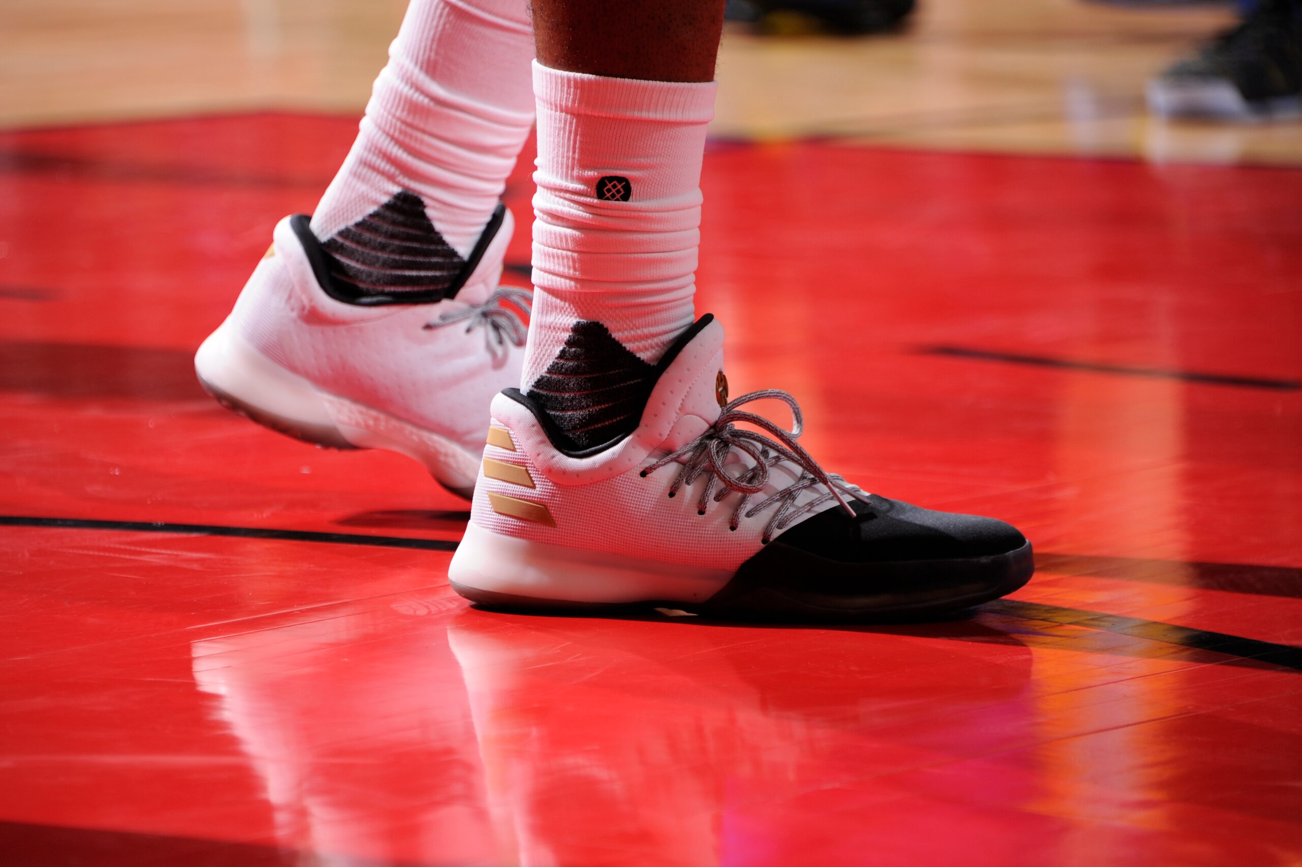 HOUSTON, TX - JANUARY 20:  The sneakers of James Harden #13 of the Houston Rockets are seen during a game against the Golden State Warriors on January 20, 2017 at the Toyota Center in Houston, Texas. NOTE TO USER: User expressly acknowledges and agrees th