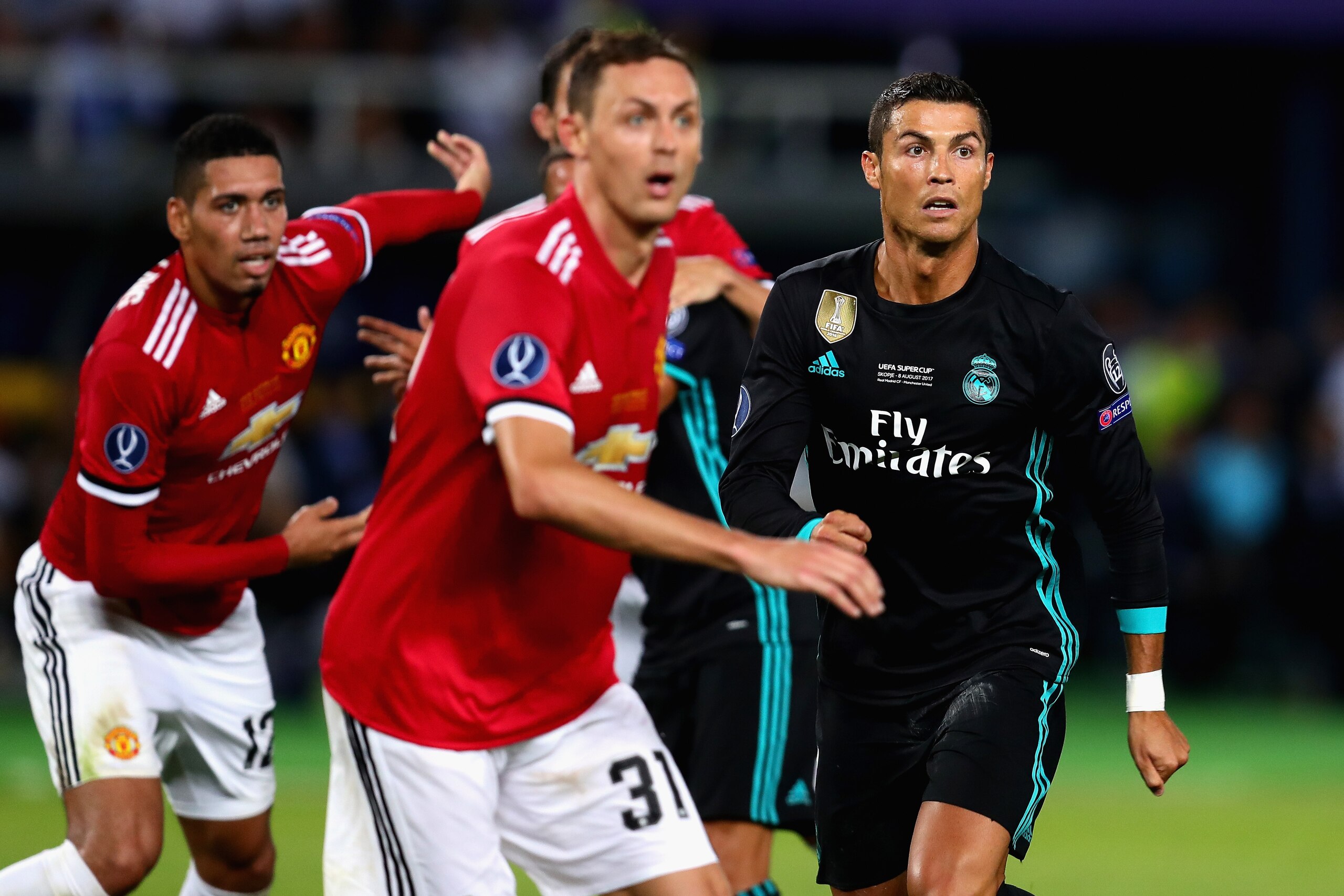SKOPJE, MACEDONIA - AUGUST 08: Cristiano Ronaldo of Real Madrid in action during the UEFA Super Cup match between Real Madrid and Manchester United at National Arena Filip II Macedonian on August 8, 2017 in Skopje, Macedonia.  (Photo by Chris Brunskill Lt