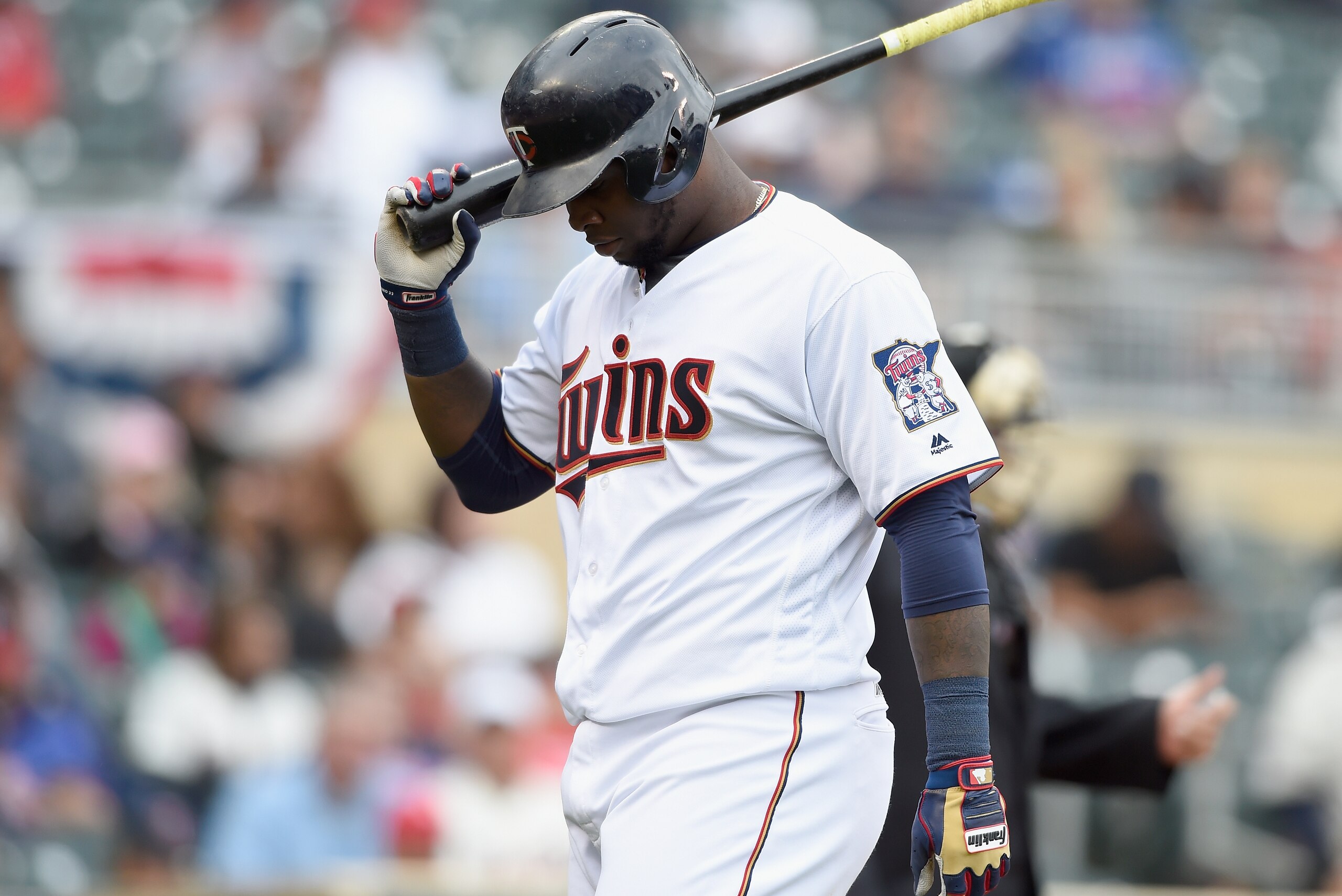 MINNEAPOLIS, MN - SEPTEMBER 25: Miguel Sano #22 of the Minnesota Twins reacts to striking out against the Seattle Mariners during the seventh inning of the game on September 25, 2016 at Target Field in Minneapolis, Minnesota. The Mariners defeated the Twi