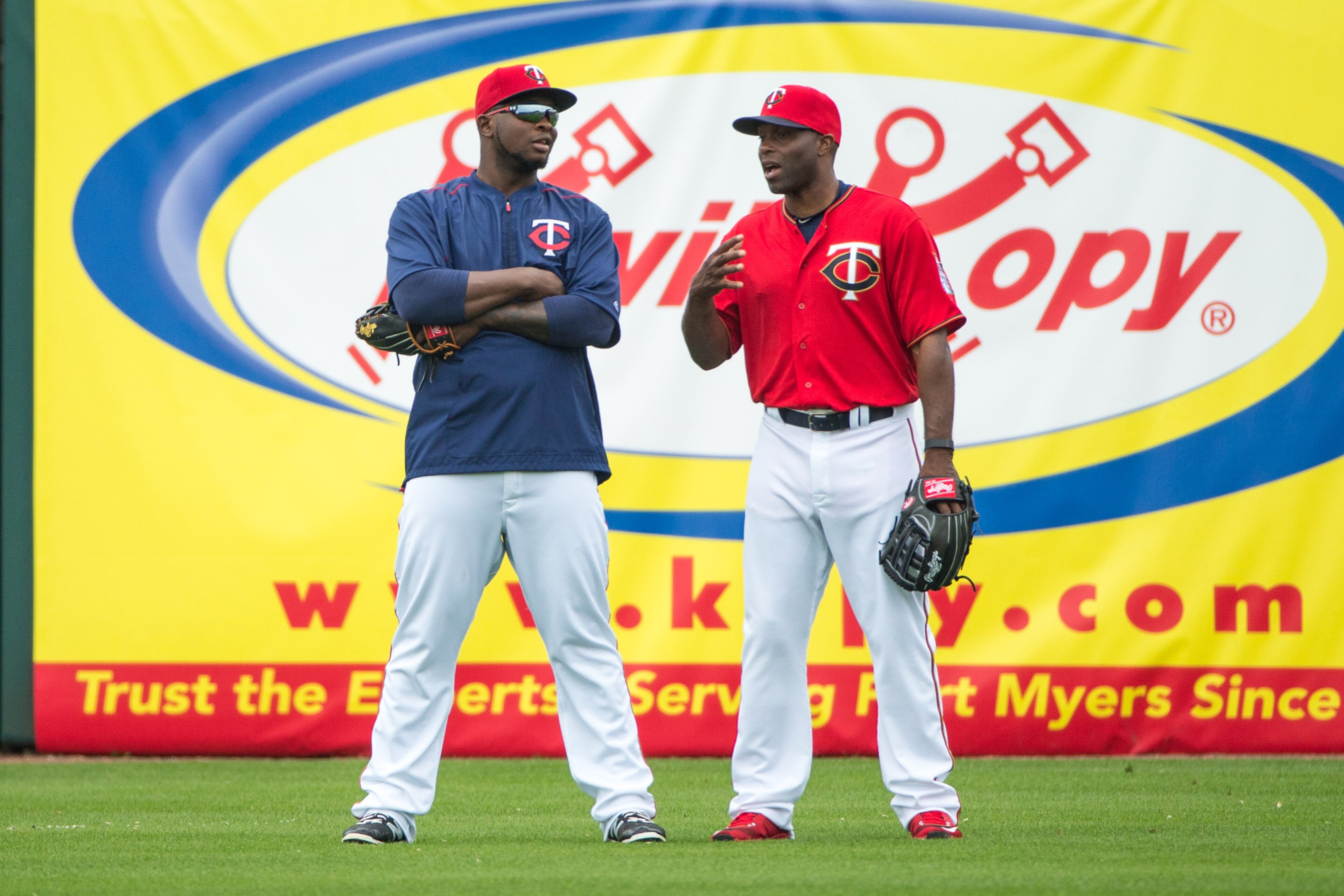 FORT MYERS, FL - MARCH 03: Miguel Sano #22 of the Minnesota Twins talks with former outfielder Torii Hunter #48 against the Boston Red Sox during a spring training game at Hammond Stadium on March 3, 2016 in Fort Myers, Florida. (Photo by Brace Hemmelgarn FORT MYERS, FL - MARCH 03: Miguel Sano #22 of the Minnesota Twins talks with former outfielder Torii Hunter #48 against the Boston Red Sox during a spring training game at Hammond Stadium on March 3, 2016 in Fort Myers, Florida. (Photo by Brace Hemmelgarn