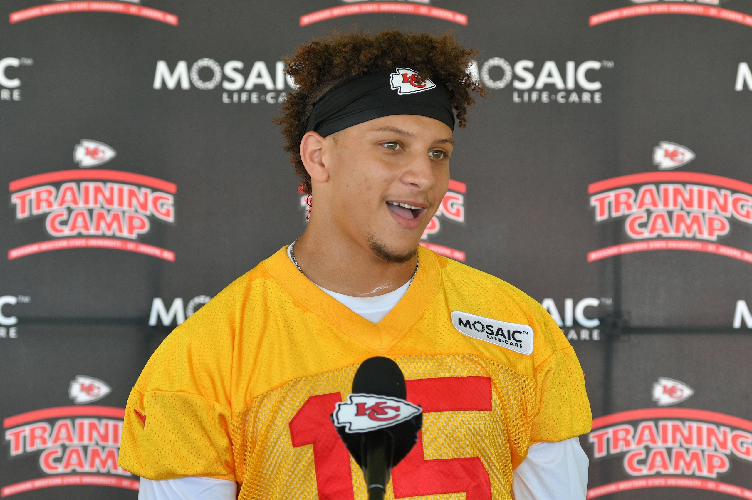 Jul 25, 2017; St. Joseph , MO, USA; Kansas City Chiefs quarterback Patrick Mahomes II (15) talks to media after training camp at Missouri Western State University. Mandatory Credit: Denny Medley-USA TODAY Sports