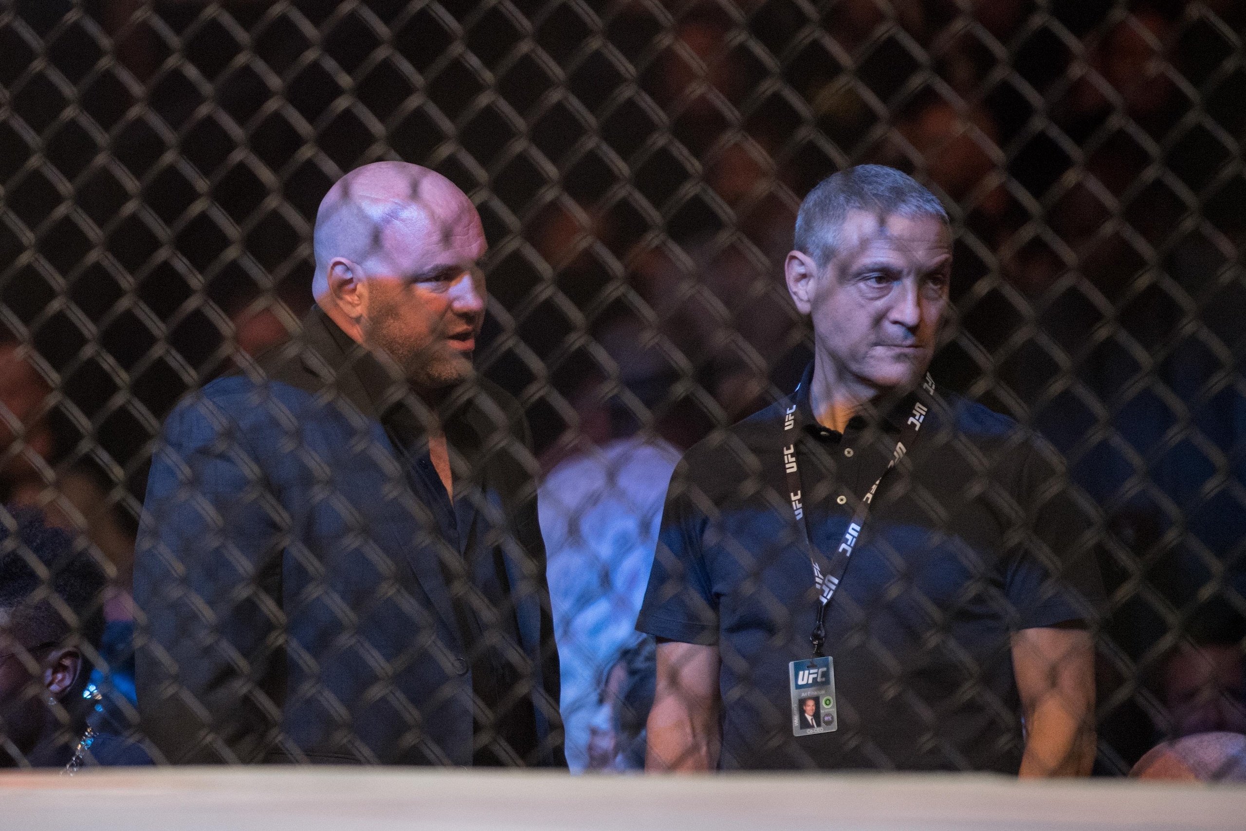 July 8, 2017; Las Vegas, NV, USA; UFC president Dana White (left) and owner Ari Emanuel (right) during UFC 213 at T-Mobile Arena. Mandatory Credit: Kyle Terada-USA TODAY Sports July 8, 2017; Las Vegas, NV, USA; UFC president Dana White (left) and owner Ari Emanuel (right) during UFC 213 at T-Mobile Arena. Mandatory Credit: Kyle Terada-USA TODAY Sports