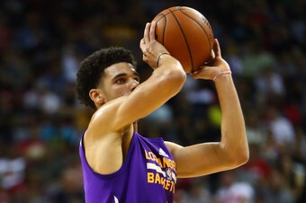 Jul 15, 2017; Las Vegas, NV, USA; Los Angeles Lakers guard Lonzo Ball against the Brooklyn Nets in the first half during an NBA Summer League game at Thomas & Mack Center. Mandatory Credit: Mark J. Rebilas-USA TODAY Sports