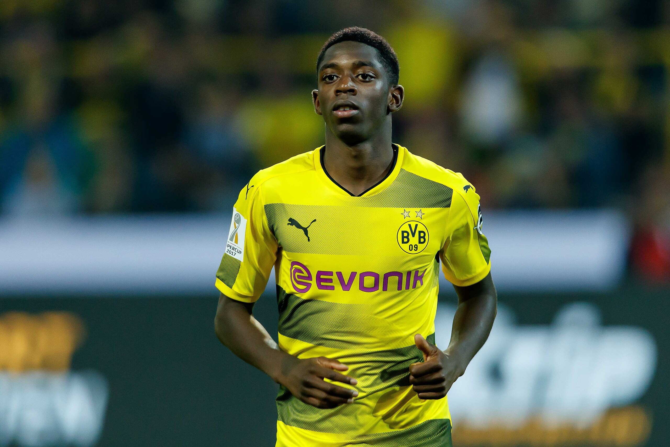 DORTMUND, GERMANY - AUGUST 05: Ousmane Dembele of Dortmund looks on during the DFL Supercup 2017 match between Borussia Dortmund and Bayern Muenchen at Signal Iduna Park on August 5, 2017 in Dortmund, Germany. (Photo by TF-Images/TF-Images via Getty Image