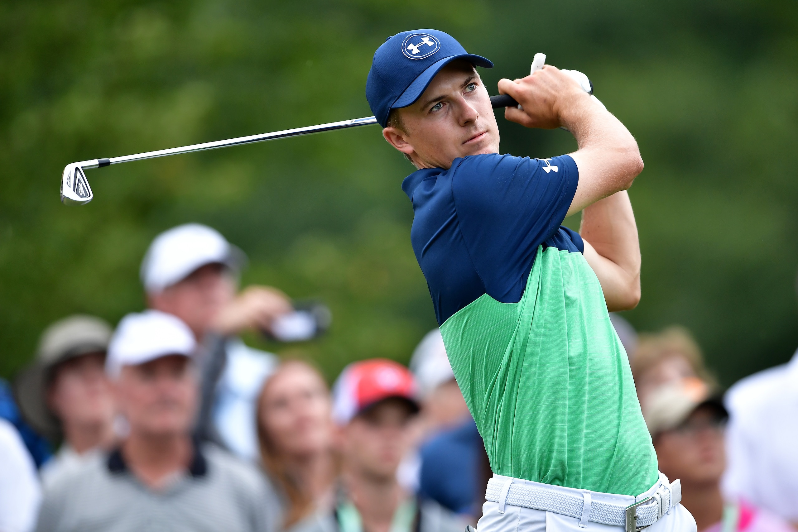 CHARLOTTE, NC - AUGUST 11:  Jordan Spieth of the United States plays his shot from the 13th tee during the second round of the 2017 PGA Championship at Quail Hollow Club on August 11, 2017 in Charlotte, North Carolina.  (Photo by Stuart Franklin/Getty Ima