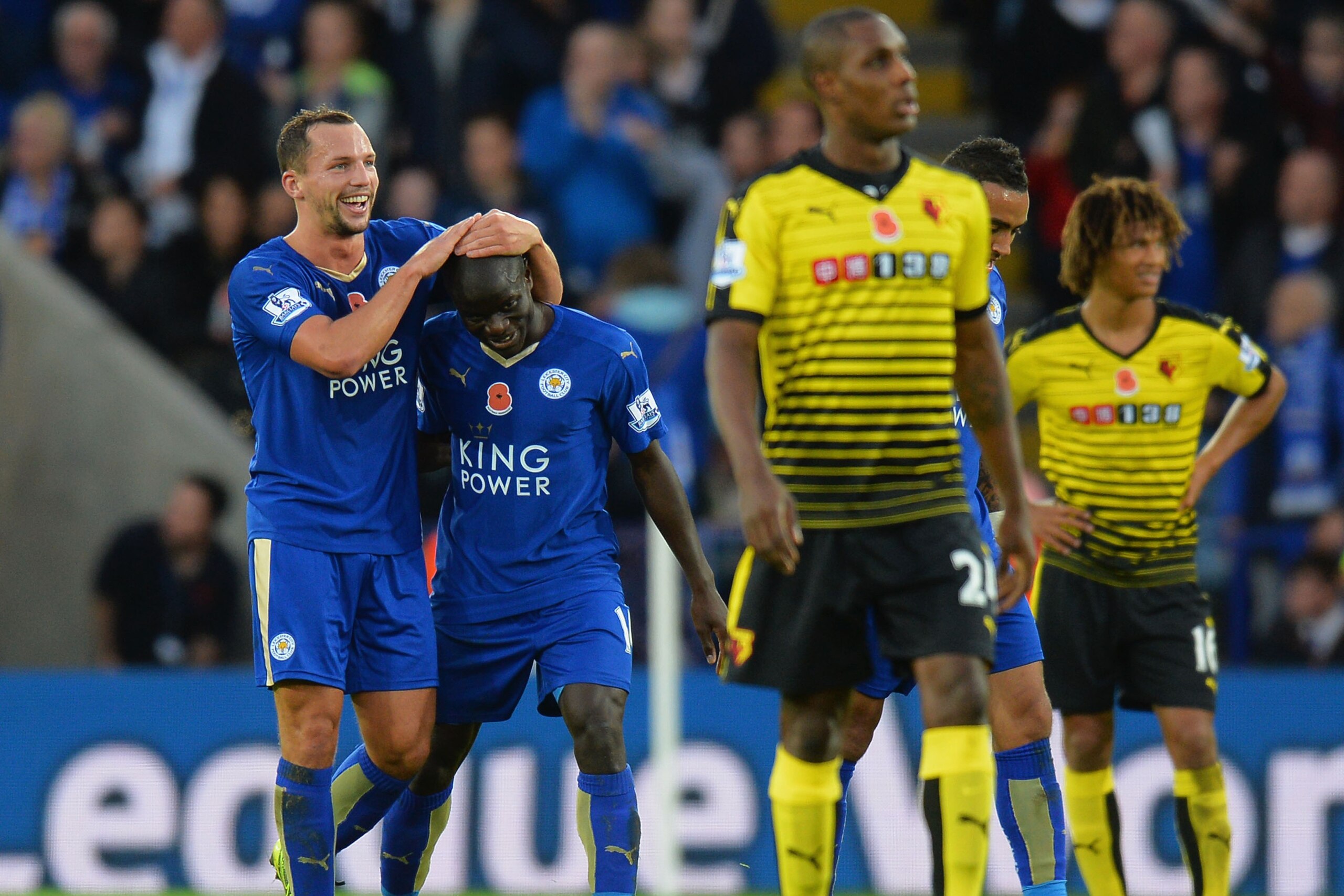LEICESTER, ENGLAND - NOVEMBER 07: Ngolo Kante (2nd L) of Leicester City celebrates scoring his team's first goal with his team mate Danny Drinkwater (1st L) during the Barclays Premier League match between Leicester City and Watford at The King Power Stad LEICESTER, ENGLAND - NOVEMBER 07: Ngolo Kante (2nd L) of Leicester City celebrates scoring his team's first goal with his team mate Danny Drinkwater (1st L) during the Barclays Premier League match between Leicester City and Watford at The King Power Stad