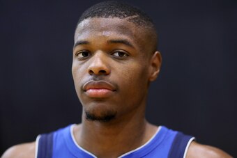 GREENBURGH, NY - AUGUST 11:  Dennis Smith Jr of the Dallas Mavericks poses for a portrait during the 2017 NBA Rookie Photo Shoot at MSG Training Center on August 11, 2017 in Greenburgh, New York.   NOTE TO USER: User expressly acknowledges and agrees that