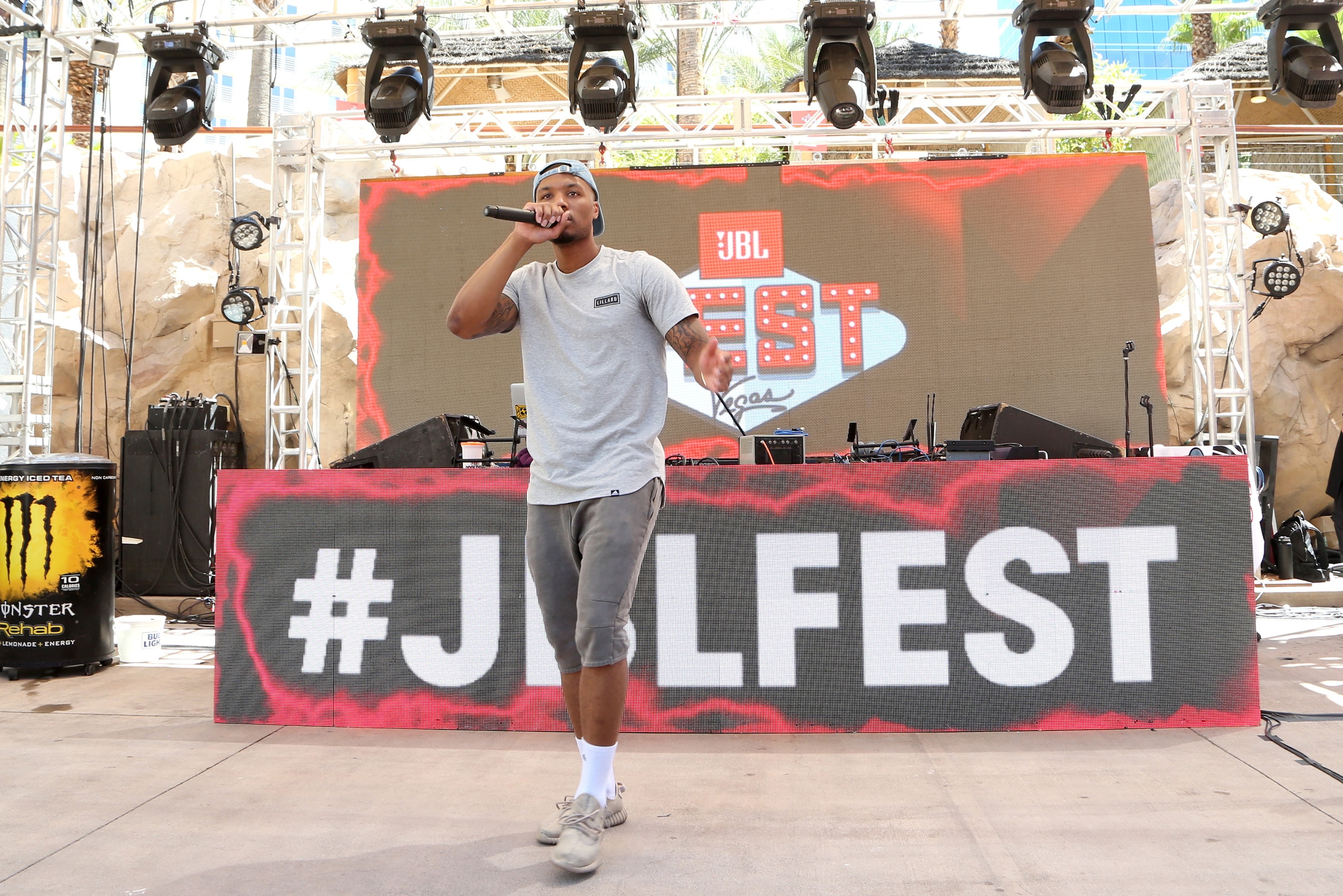 LAS VEGAS, NV - JULY 28: NBA player Damian Lillard performs at JBL Poolside, one of the many events a part of JBL Fest, an exclusive, three-day music experience hosted by JBL at the Hard Rock Hotel & Casino on July 28, 2017 in Las Vegas, Nevada. (Photo LAS VEGAS, NV - JULY 28: NBA player Damian Lillard performs at JBL Poolside, one of the many events a part of JBL Fest, an exclusive, three-day music experience hosted by JBL at the Hard Rock Hotel & Casino on July 28, 2017 in Las Vegas, Nevada. (Photo