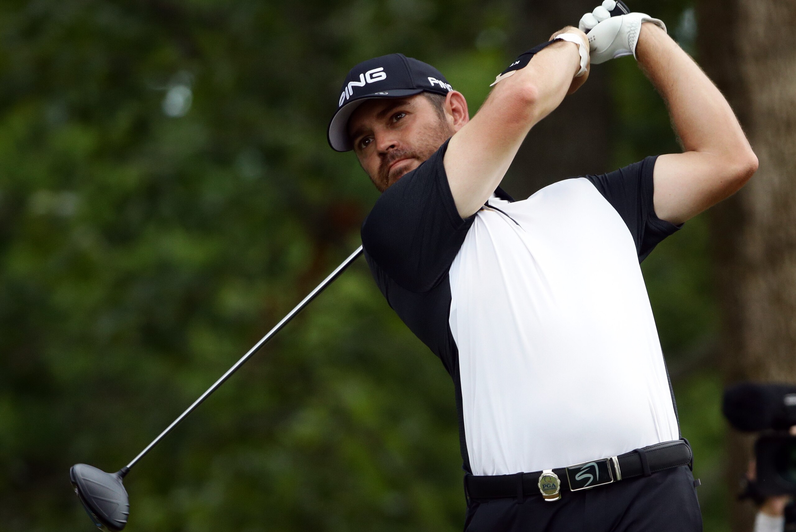 Aug 12, 2017; Charlotte, NC, USA; Louis Oosthuizen tees off on the 15th hole during the third round of the 2017 PGA Championship at Quail Hollow Club. Mandatory Credit: Rob Schumacher-USA TODAY Sports