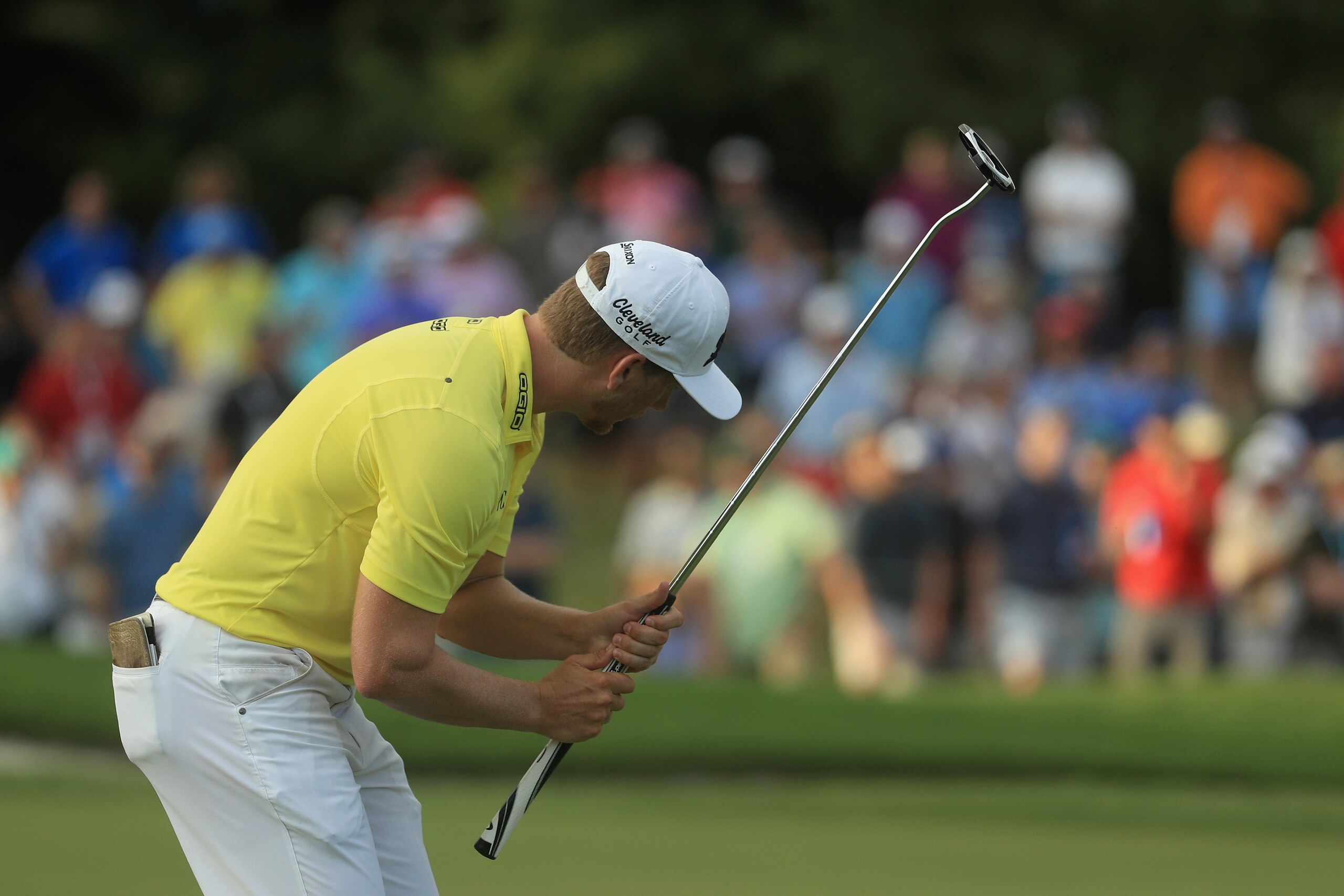 CHARLOTTE, NC - AUGUST 12:  Chris Stroud of the United States reacts to his putt on the 18th green during the third round of the 2017 PGA Championship at Quail Hollow Club on August 12, 2017 in Charlotte, North Carolina.  (Photo by Mike Ehrmann/Getty Imag