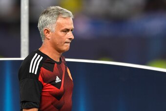 Manchester United's Portuguese manager Jose Mourinho reacts after losing the UEFA Super Cup football match between Real Madrid and Manchester United on August 8, 2017, at the Philip II Arena in Skopje. / AFP PHOTO / Dimitar DILKOFF        (Photo credit sh