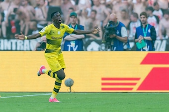 BERLIN, GERMANY - MAY 27: Ousmane Dembele of Dortmund celebrates after scoring his team`s first goal during the DFB Cup final match between Eintracht Frankfurt and Borussia Dortmund at Olympiastadion on May 27, 2017 in Berlin, Germany. (Photo by TF-Images