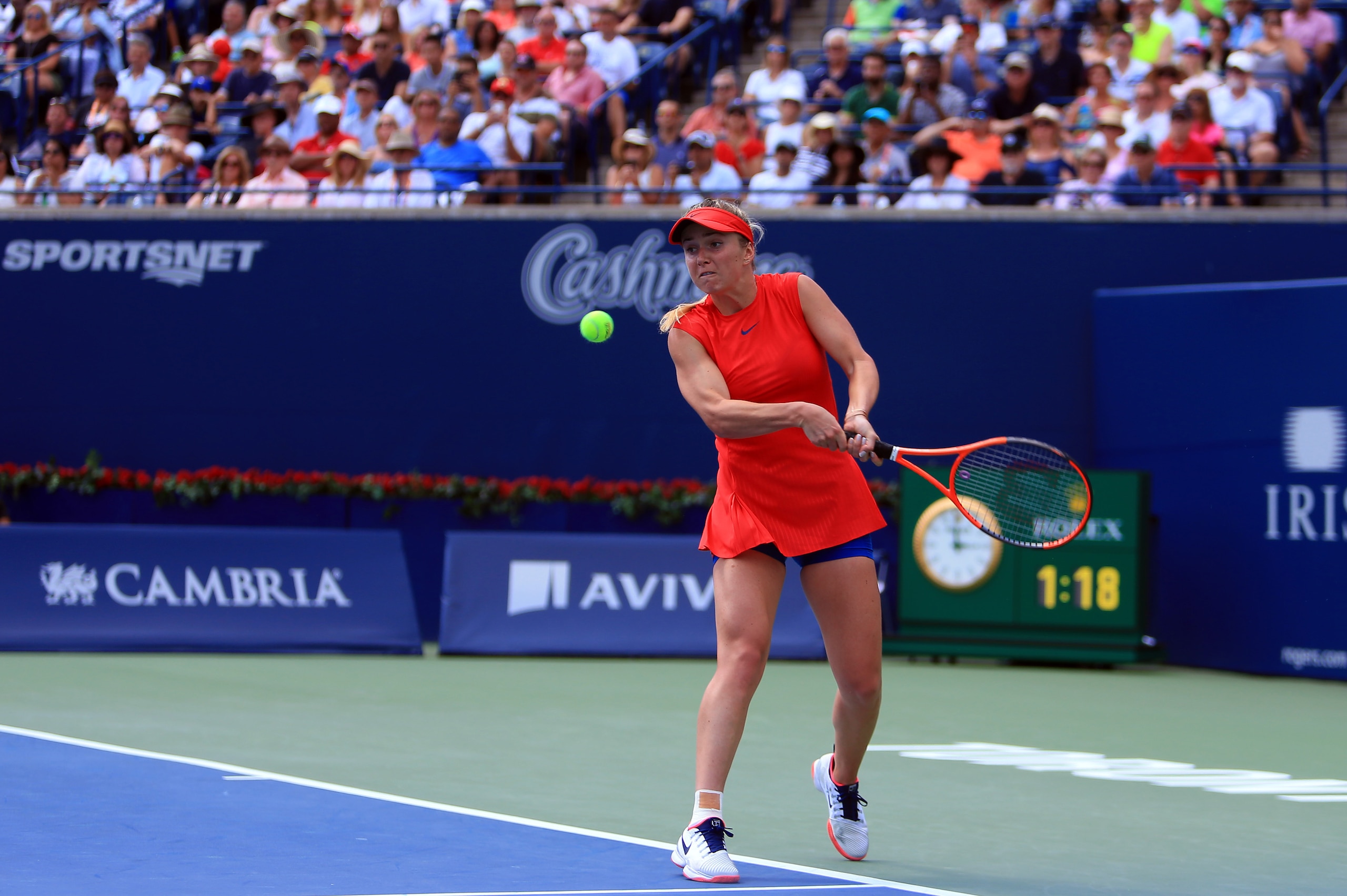 TORONTO, ON - AUGUST 13:  Elina Svitolina of Ukraine plays a shot against Caroline Wozniacki of Denmark during the final match on Day 9 of the Rogers Cup at Aviva Centre on August 13, 2017 in Toronto, Canada.  (Photo by Vaughn Ridley/Getty Images)