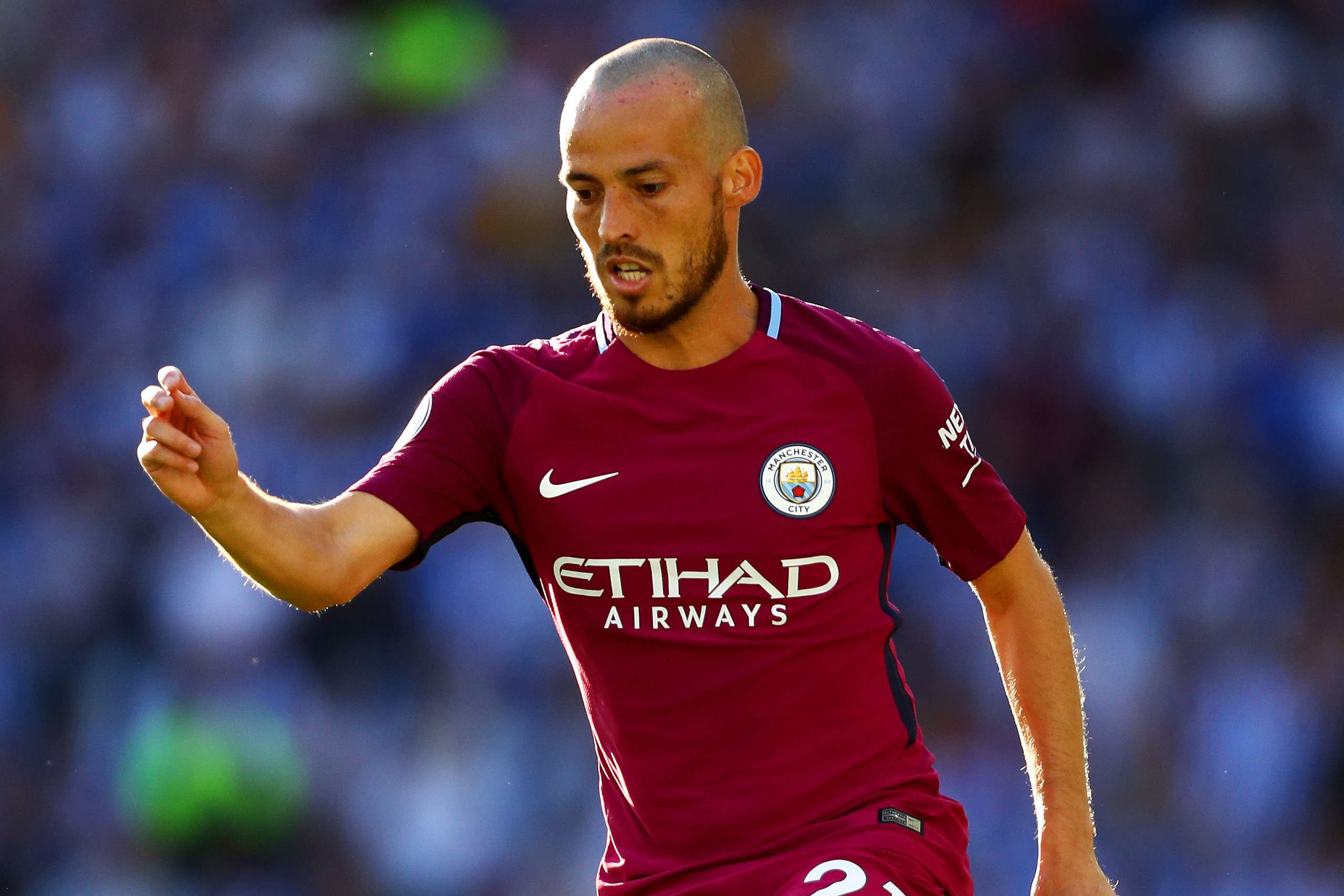 BRIGHTON, ENGLAND - AUGUST 12:  David Silva of Manchester City in action during the Premier League match between Brighton and Hove Albion and Manchester City at Amex Stadium on August 12, 2017 in Brighton, England.  (Photo by Dan Istitene/Getty Images)
