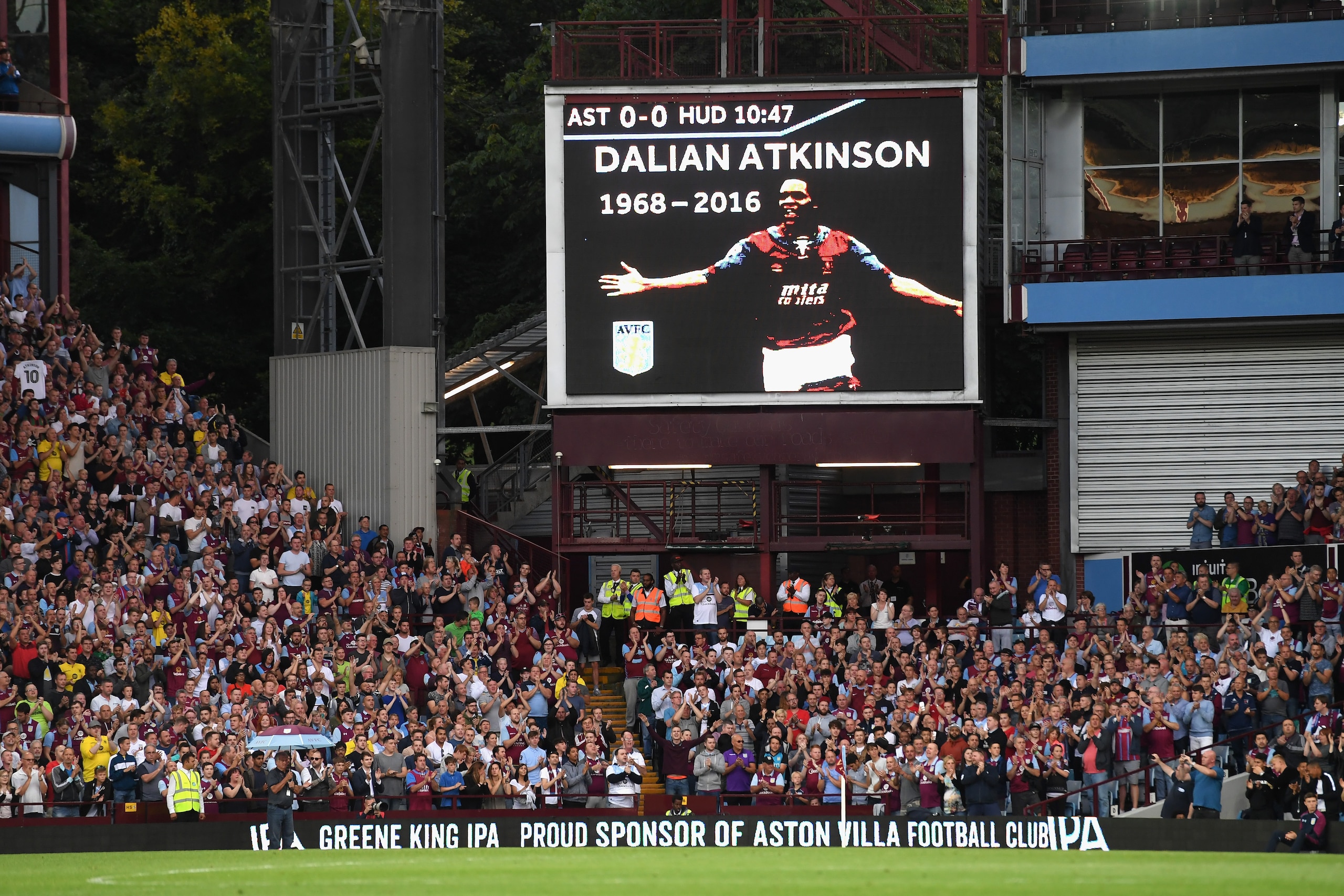 BIRMINGHAM, ENGLAND - AUGUST 16:  A  tribute for Dalian Atkinson is seen on the screen inside the stadium during the Sky Bet Championship match between Aston Villa and Huddersfield Town at Villa Park on August 16, 2016 in Birmingham, England.  (Photo by S