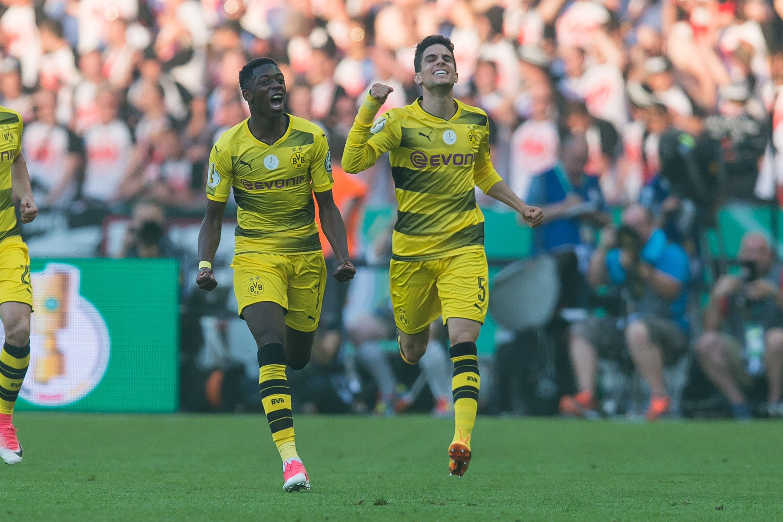 BERLIN, GERMANY - MAY 27: Ousmane Dembele of Dortmund celebrates after scoring his team`s first goal during the DFB Cup final match between Eintracht Frankfurt and Borussia Dortmund at Olympiastadion on May 27, 2017 in Berlin, Germany. (Photo by TF-Images