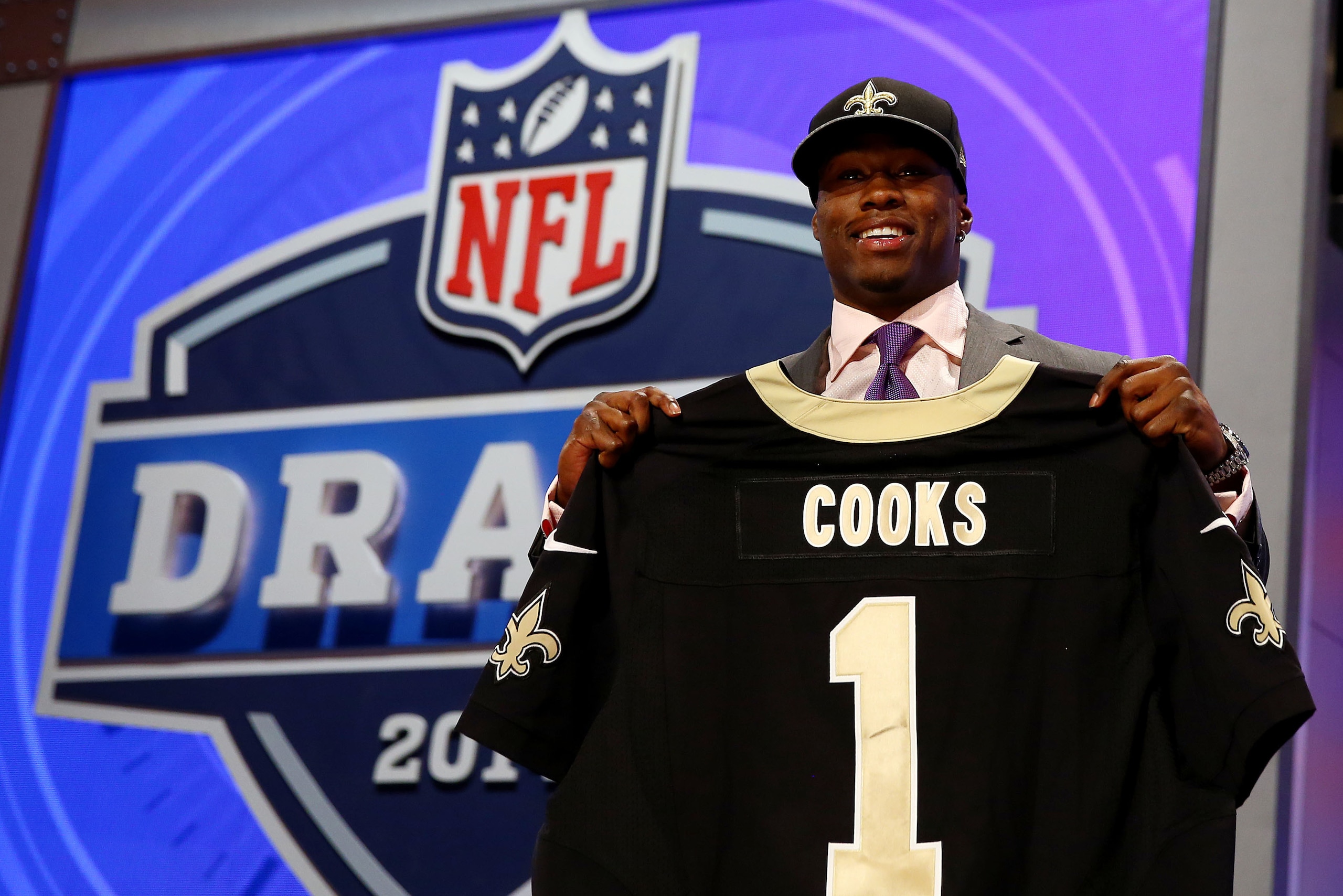 NEW YORK, NY - MAY 08:  Brandin Cooks of the Oregon State Beavers poses with a jersey after he was picked #20 overall by the New Orleans Saints during the first round of the 2014 NFL Draft at Radio City Music Hall on May 8, 2014 in New York City.  (Photo 