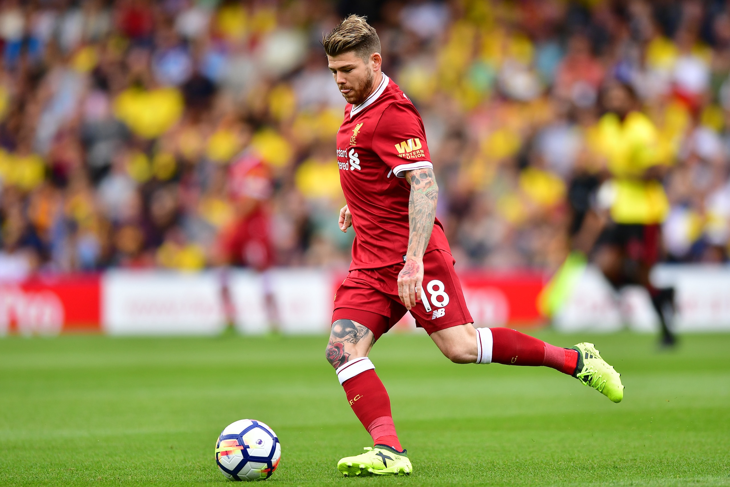 WATFORD, ENGLAND - AUGUST 12: Alberto Moreno of Liverpool in action during the during the Premier League match between Watford and Liverpool at Vicarage Road on August 12, 2017 in Watford, England. (Photo by Alex Broadway/Getty Images)