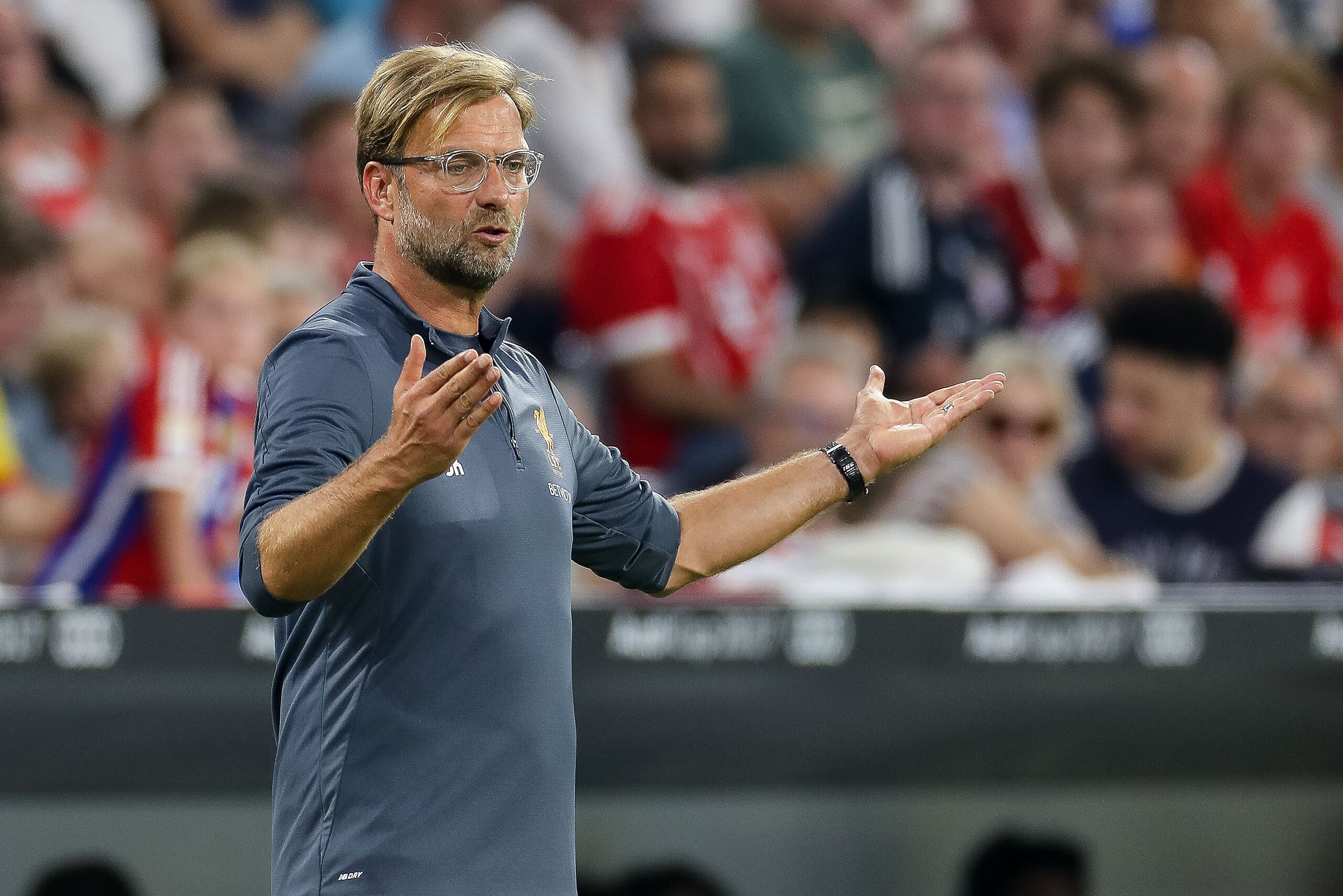 MUNICH, GERMANY - AUGUST 02: Head coach Juergen Klopp of Liverpool gestures during the Audi Cup 2017 match between Liverpool FC and Atletico Madrid at Allianz Arena on August 2, 2017 in Munich, Germany. (Photo by TF-Images/TF-Images via Getty Images)