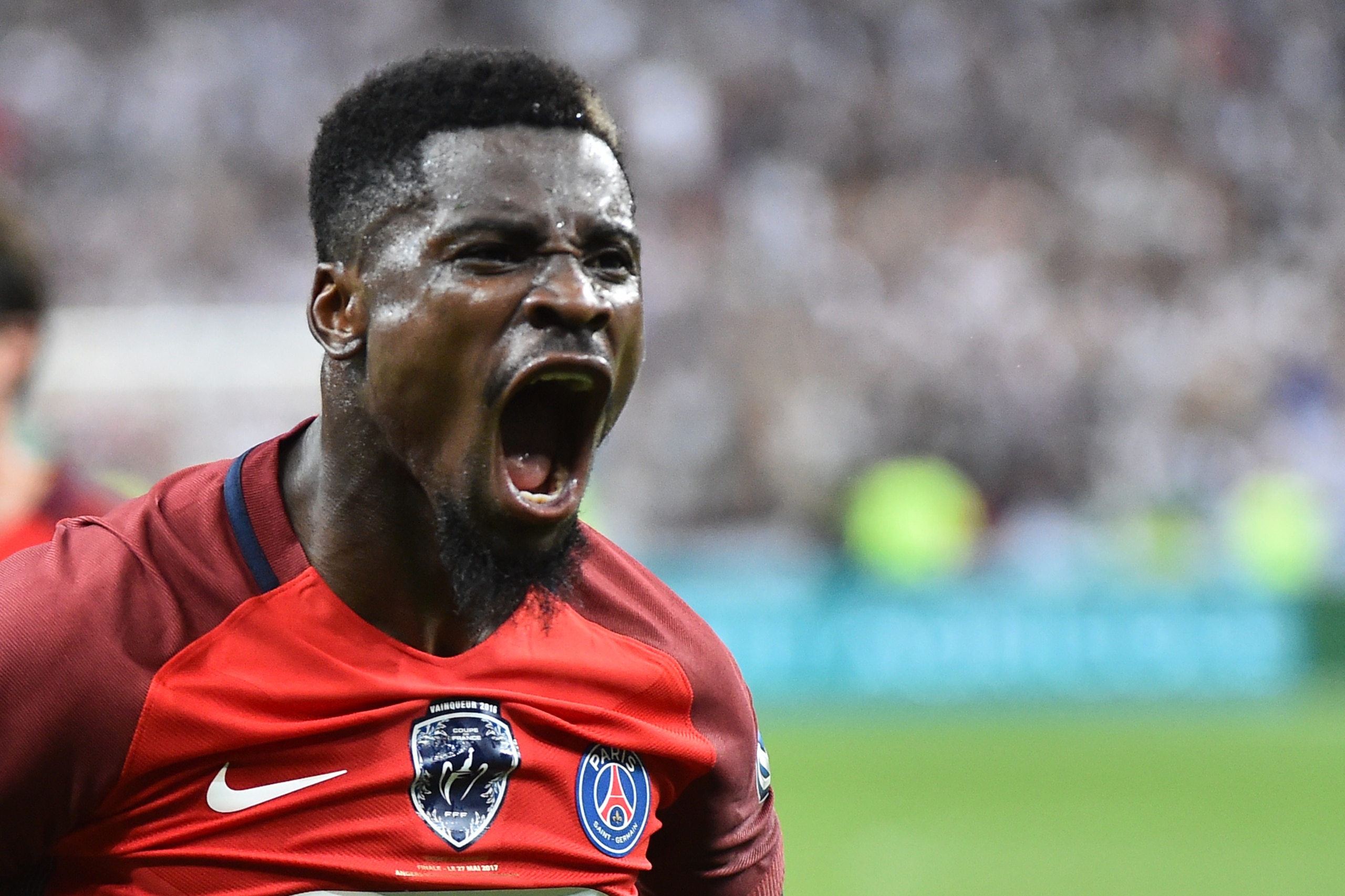 Paris Saint-Germain's Ivorian defender Serge Aurier reacts after a goal  during the French Cup final football match between Paris Saint-Germain (PSG) and Angers (SCO) on May 27, 2017, at the Stade de France in Saint-Denis, north of Paris. / AFP PHOTO / JE
