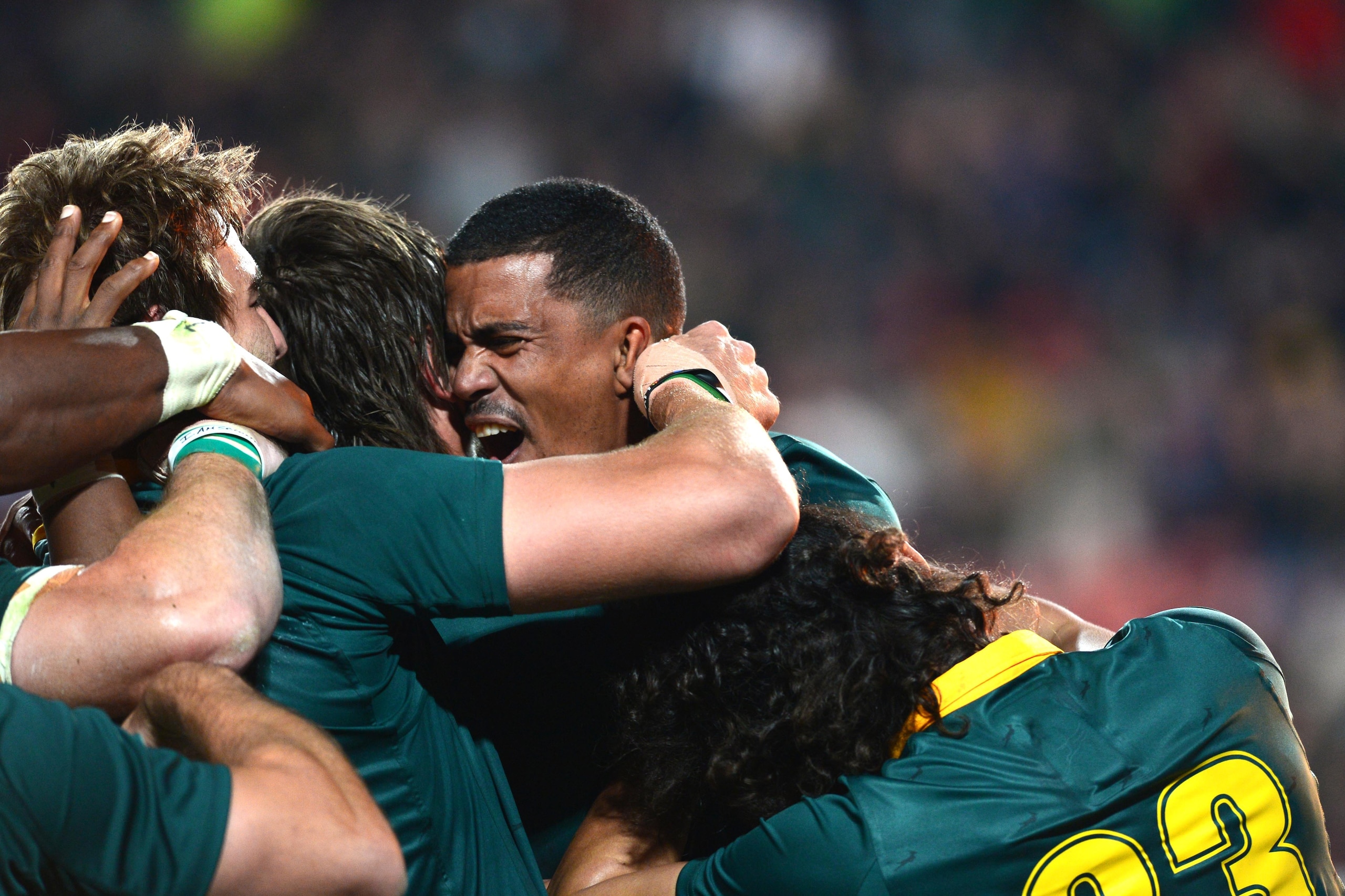 JOHANNESBURG, SOUTH AFRICA - JUNE 24: Rudi Paige of the Springboks celebrates his try with his team mates during the 3rd Castle Lager Incoming Series Test match between South Africa and France at Emirates Airline Park on June 24, 2017 in Johannesburg, Sou