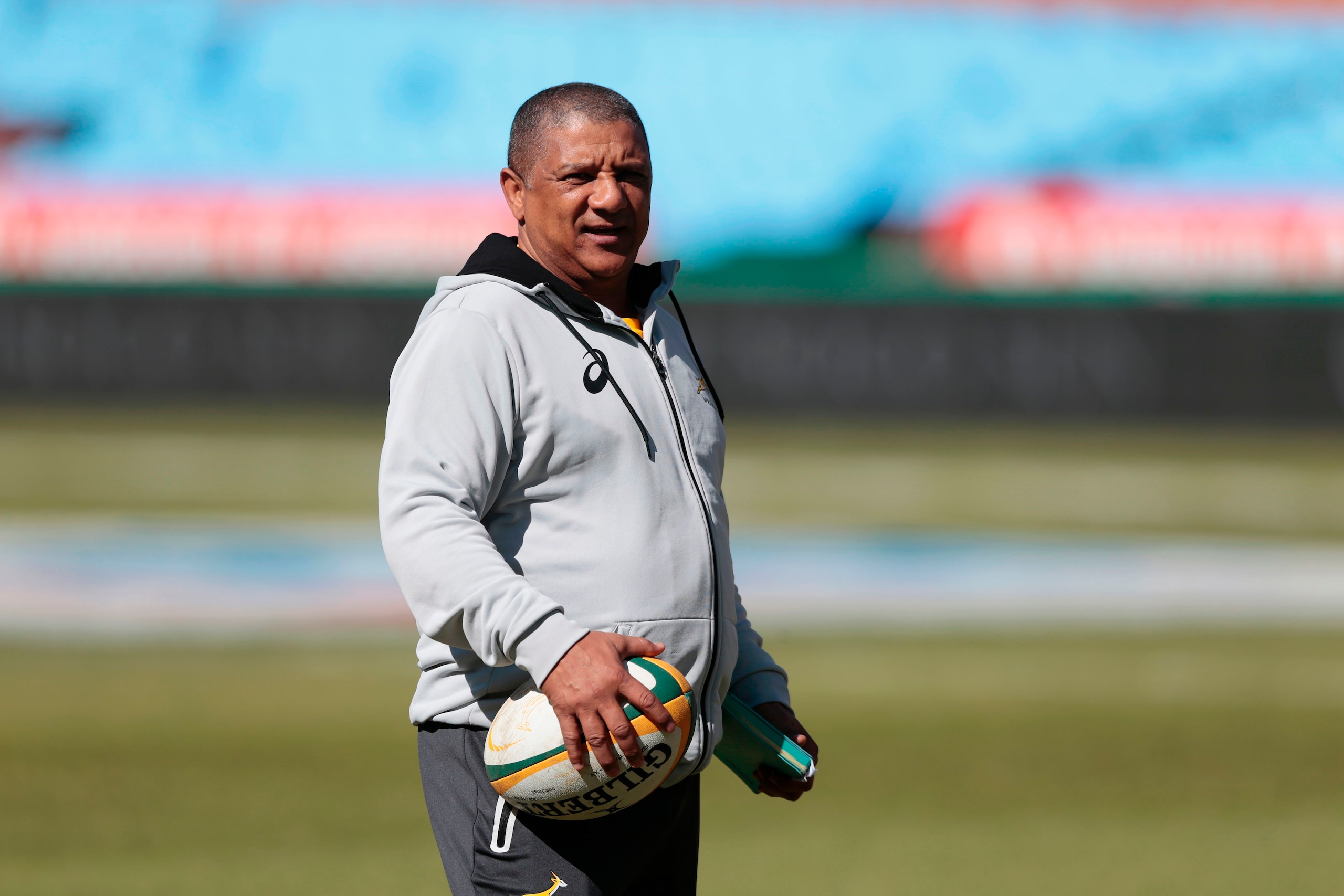 South Africa national rugby team head coach Allister Coetzee looks on during the Captain's run on the eve of their test match against France at Loftus rugby stadium on June 9, 2017 in Pretoria. / AFP PHOTO / GIANLUIGI GUERCIA        (Photo credit should r