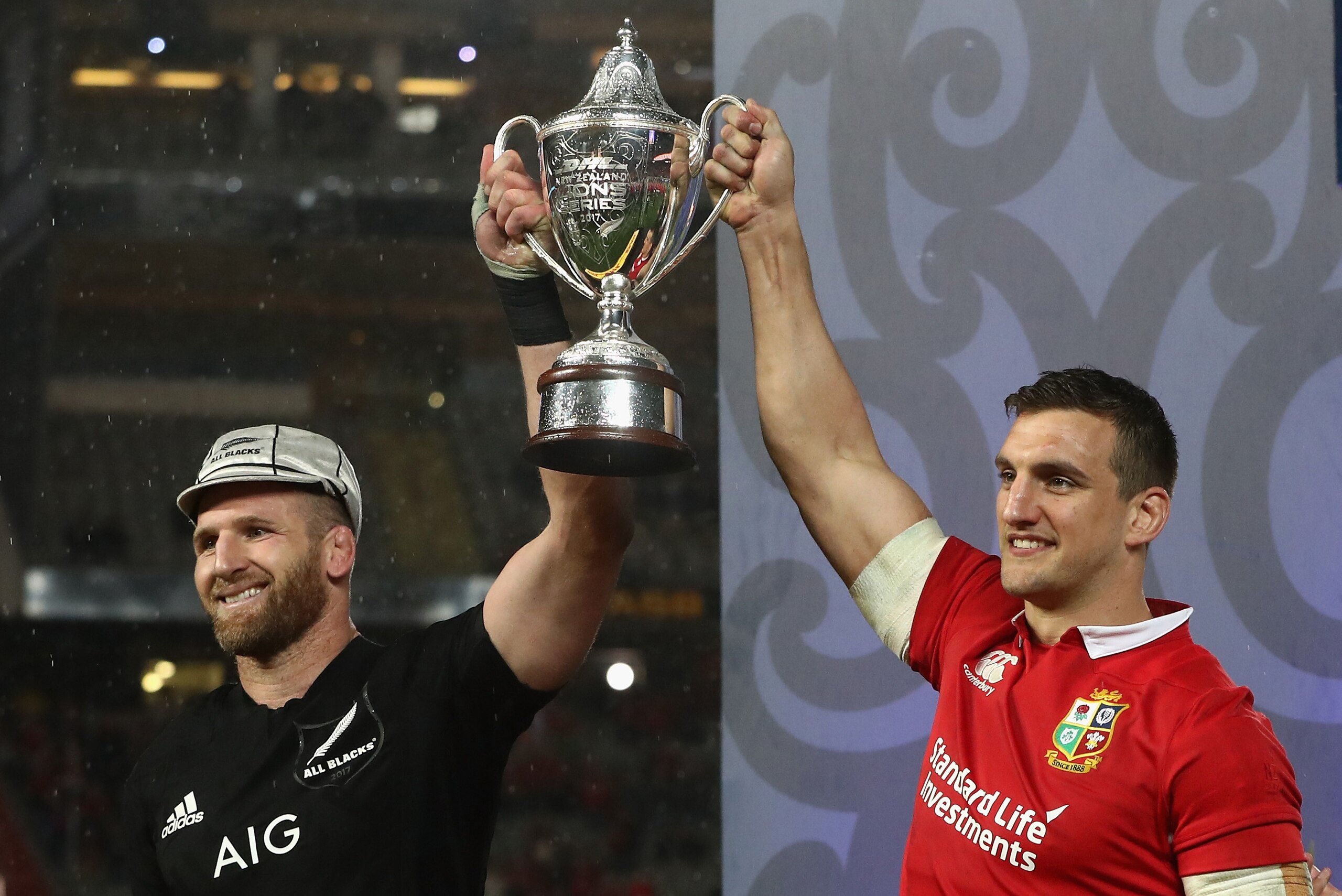 AUCKLAND, NEW ZEALAND - JULY 08: Sam Warburton, (R) the Lions captain, lifts the trophy with Kieran Read, the All Black captain after their sides draw in the final test 15-15 and tie the series during the Test match between the New Zealand All Blacks and AUCKLAND, NEW ZEALAND - JULY 08: Sam Warburton, (R) the Lions captain, lifts the trophy with Kieran Read, the All Black captain after their sides draw in the final test 15-15 and tie the series during the Test match between the New Zealand All Blacks and