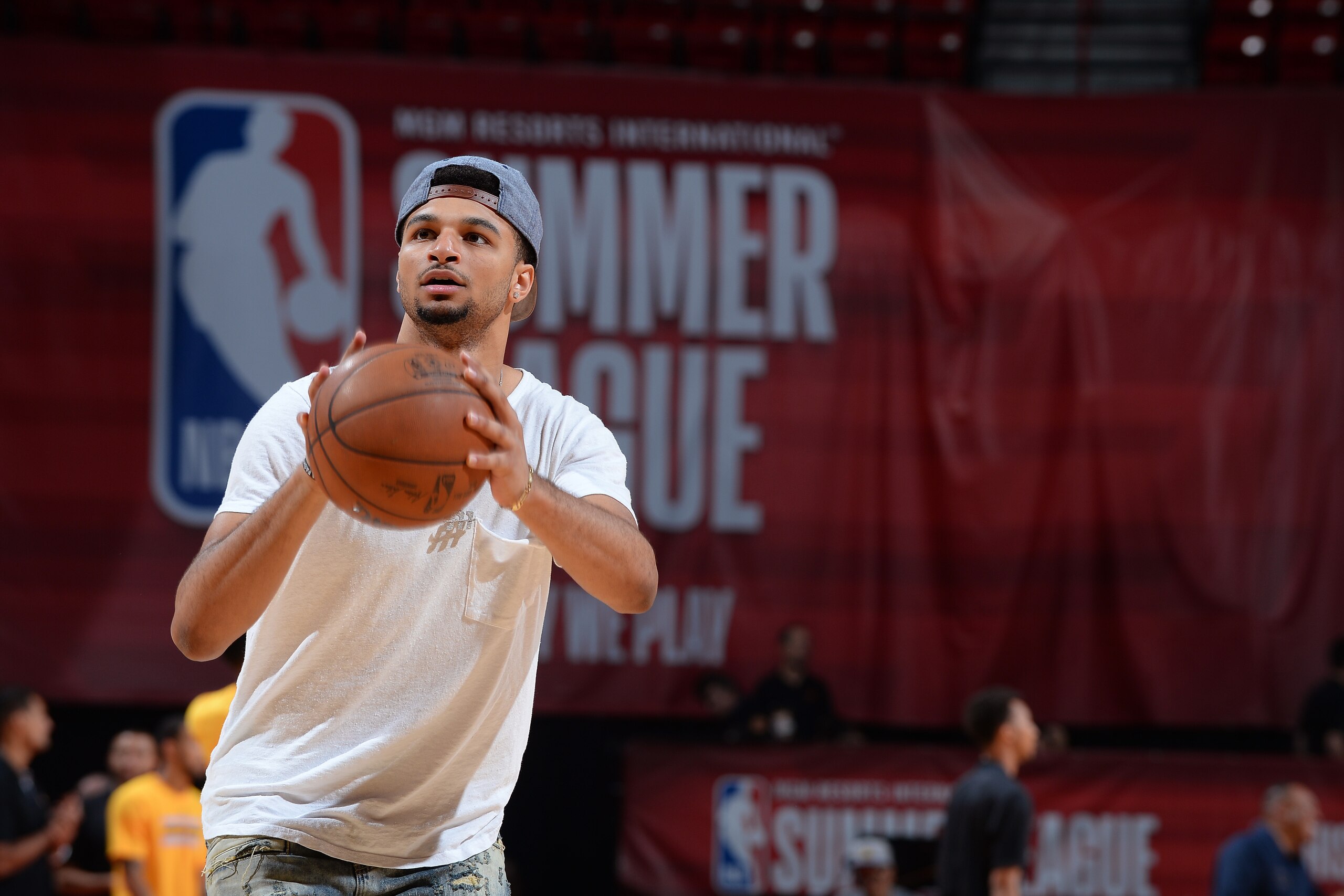 LAS VEGAS, NV - JULY 12:  Jamal Murray #27 of the Denver Nuggets shoots around before the 2017 Summer League game against the Houston Rockets on July 12, 2017 at the Thomas & Mack Center in Las Vegas, Nevada. NOTE TO USER: User expressly acknowledges and 