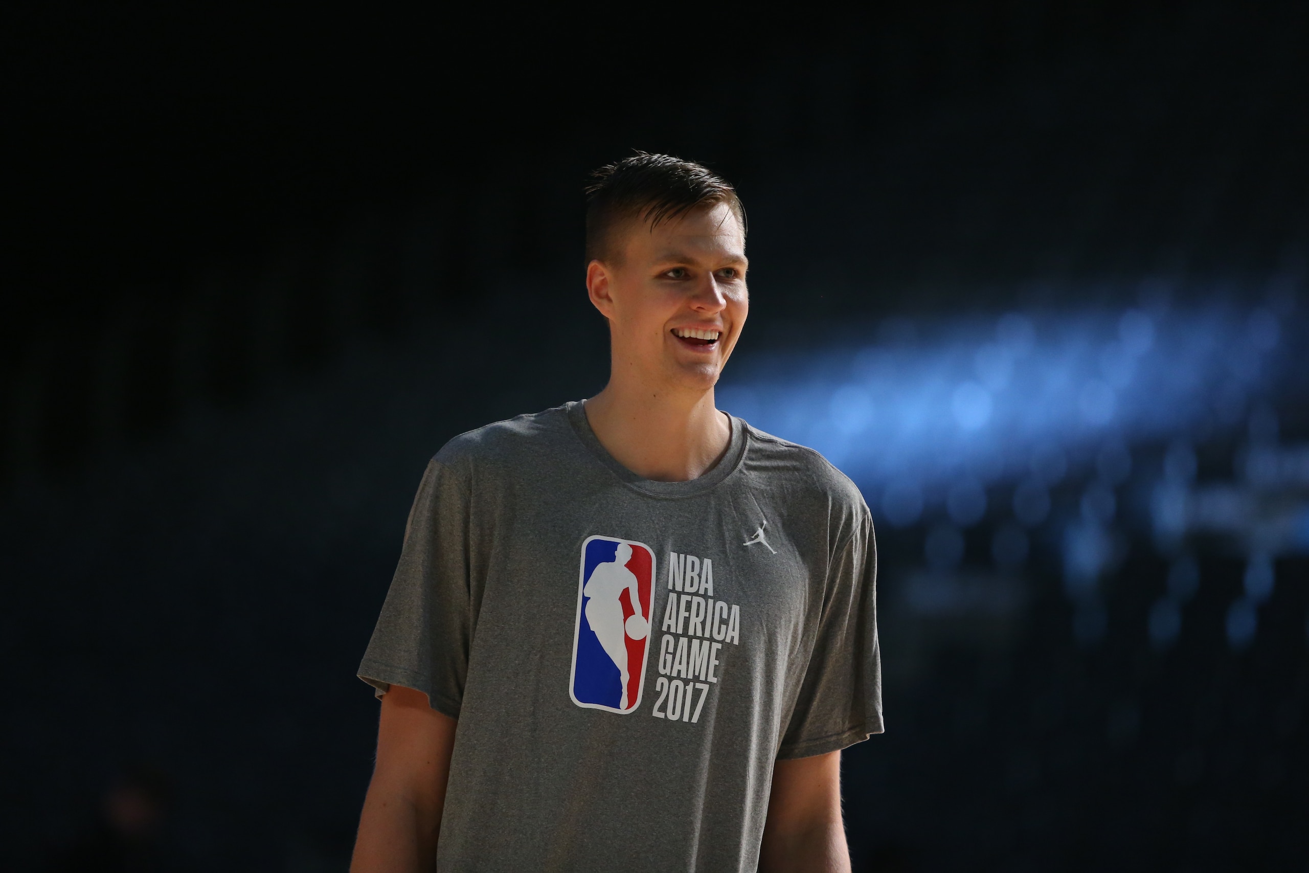 JOHANNESBURG, SOUTH AFRICA - AUGUST 4: Kristaps Porzingis of Team World smiles at practice for the 2017 Africa Game as part of the Basketball Without Borders Africa at the Ticketpro Dome on August 4, 2017 in Gauteng province of Johannesburg, South Africa.