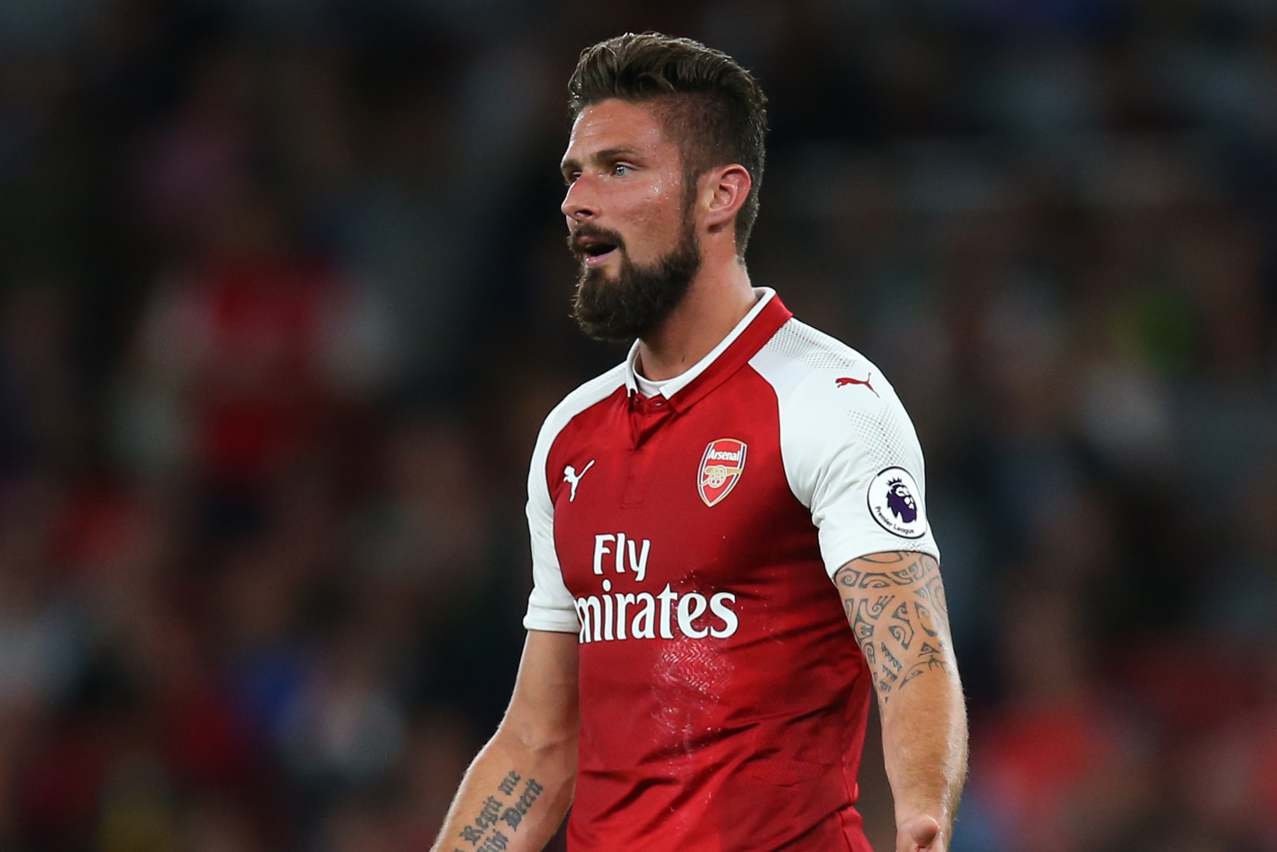 LONDON, ENGLAND - AUGUST 11: Olivier Giroud of Arsenal during the Premier League match between Arsenal and Leicester City at Emirates Stadium on August 11, 2017 in London, England. (Photo by Catherine Ivill - AMA/Getty Images) LONDON, ENGLAND - AUGUST 11: Olivier Giroud of Arsenal during the Premier League match between Arsenal and Leicester City at Emirates Stadium on August 11, 2017 in London, England. (Photo by Catherine Ivill - AMA/Getty Images)
