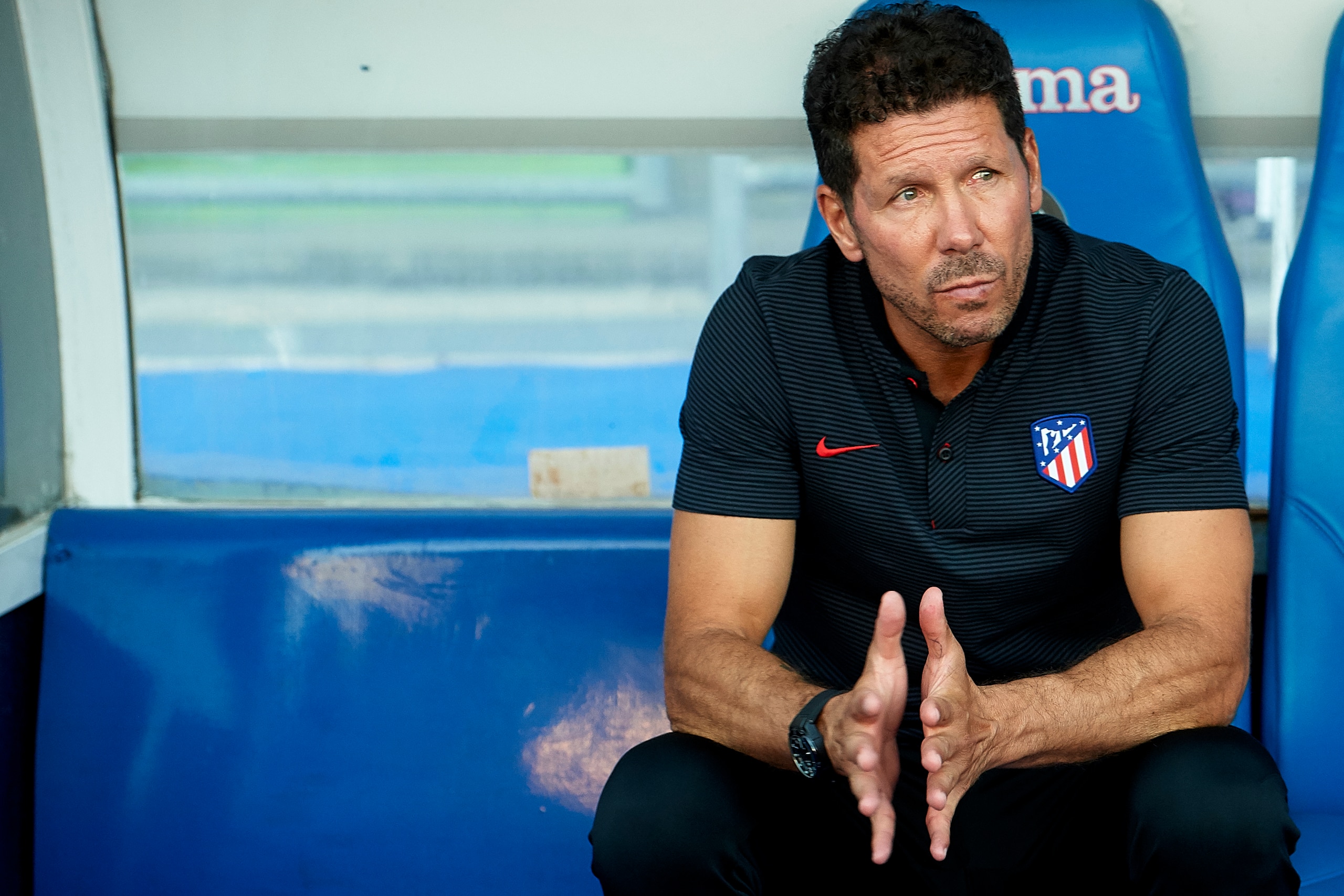 GETAFE, SPAIN - AUGUST 11:  Atletico de Madrid manager Diego Pablo Simeone looks on prior to the Pre Season Friendly match between Getafe CF and Atletico de Madrid at Coliseum Alfonso Perez Stadium on August 11, 2017 in Getafe, Spain.  (Photo by fotopress