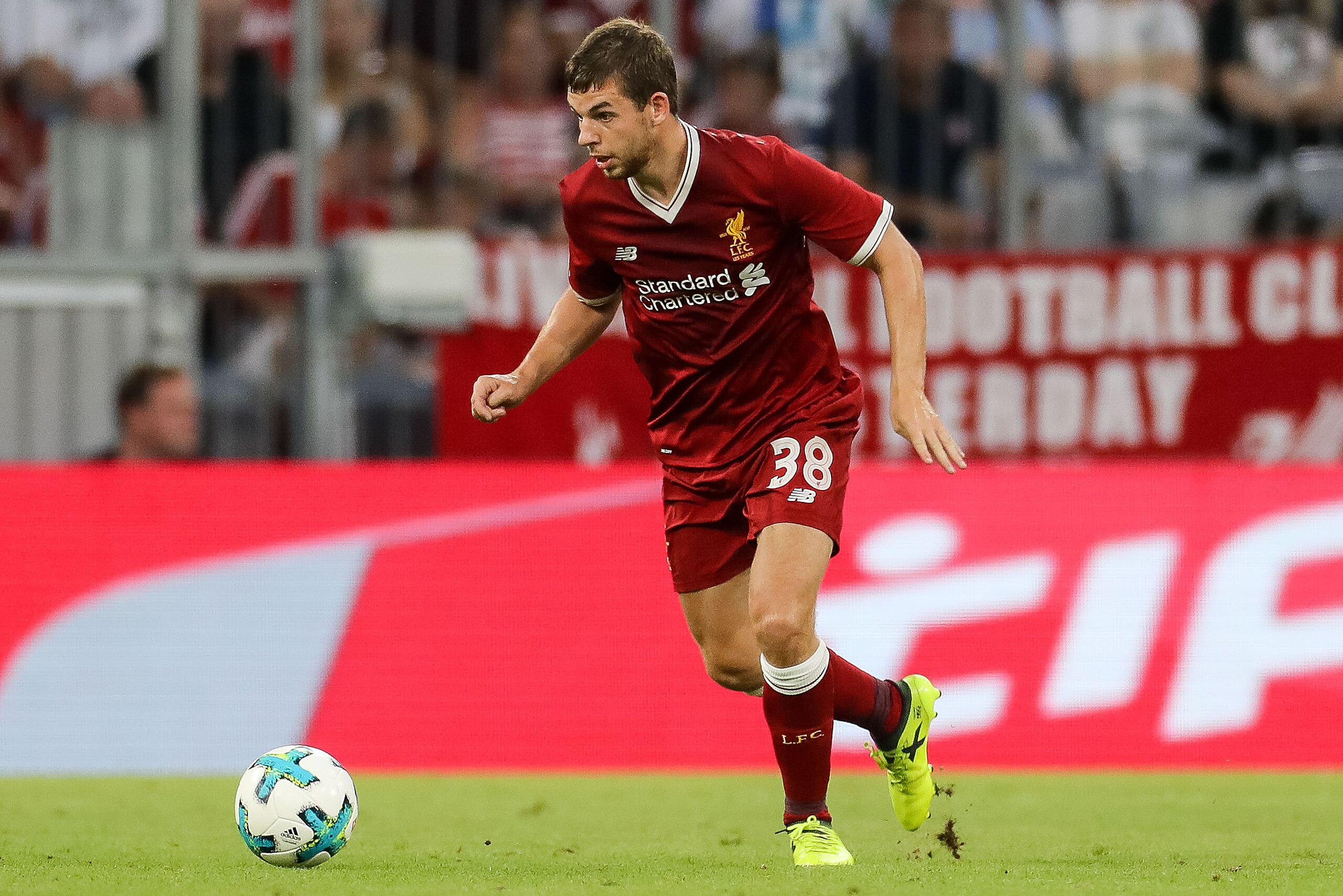 MUNICH, GERMANY - AUGUST 02: Jon Flanagan of Liverpool controls the ball during the Audi Cup 2017 match between Liverpool FC and Atletico Madrid at Allianz Arena on August 2, 2017 in Munich, Germany. (Photo by TF-Images/TF-Images via Getty Images)